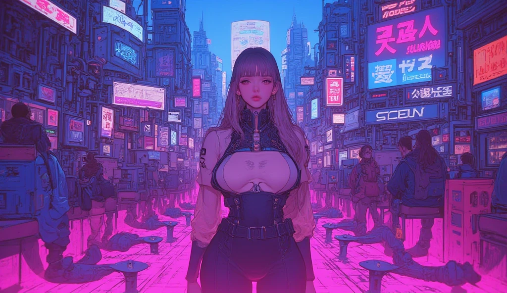 (Mejor calidad, Obra maestra:1.2), ciberpunk, vulgar, nasty cyborg woman in repair, ojo llameante, robots, love doll, rostro, Sex Shop, neon lights, dystopian cityscape, Dark alley, Fumar, Pintada, modificaciones corporales