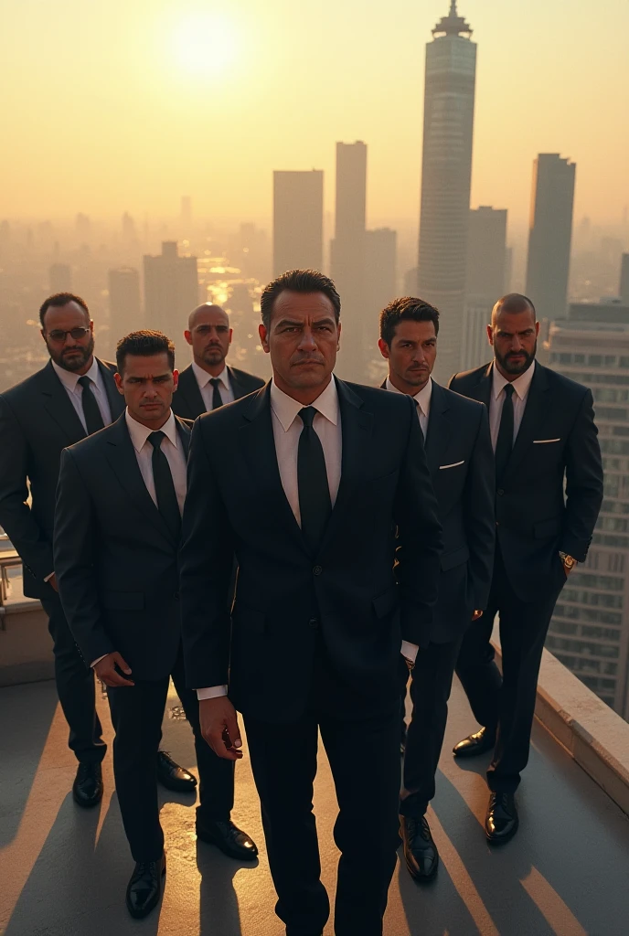 Na cena, a man in sunglasses and a black suit stands out in front. He radiates confidence while many women, vestindo vestidos elegantes, are in the background, looking at him with admiration and passion. A postura dele sugere carisma, e as mulheres, em segundo plano, express their enchantment at your presence.