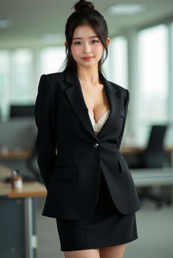 8K, Raw photo, Best Quality, Realistic, Photorealistic:1.2, ultra-detailliert, BREAK,, 1girl, (Standing), looking at viewer, Beautiful, Perfect face, Detailed symmetrical eyes, short hair, bangs, Huge breasts:1.4, Narrow waist, cleavage:1.4, thigh, ((recruit suit, formal, jacket, suit skirt, pencil skirt)), standing on street, (Perfect body shape), cowboy shot