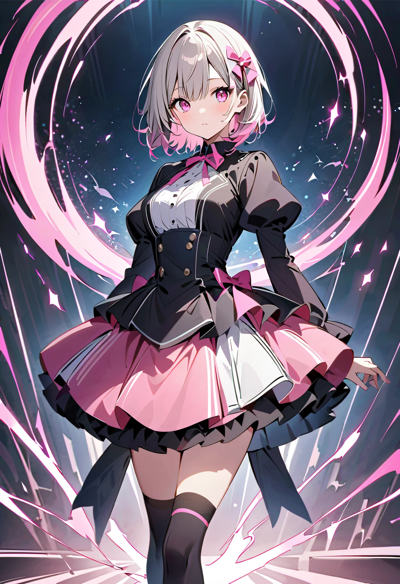  black costume、 black dress 、Gray Hair、Gray Hairに毛先はピンク、 black long sleeve dress ロングスカート、  pink ribbon がついたblack knee high socks、  pink ribbon 、  Idol Costume、White medium hair with pink tips 、Pink hair with pink tips、Black long sleeve dress 、Beautiful Absolute Realm  、whole body、Black knee socks、 black long sleeve dress 、白く  short hair 、Beautiful Absolute Realm  、Alone、Black knee hogh socks with small pink ribbon、、Depiction of fine eyes 、  short hair 、