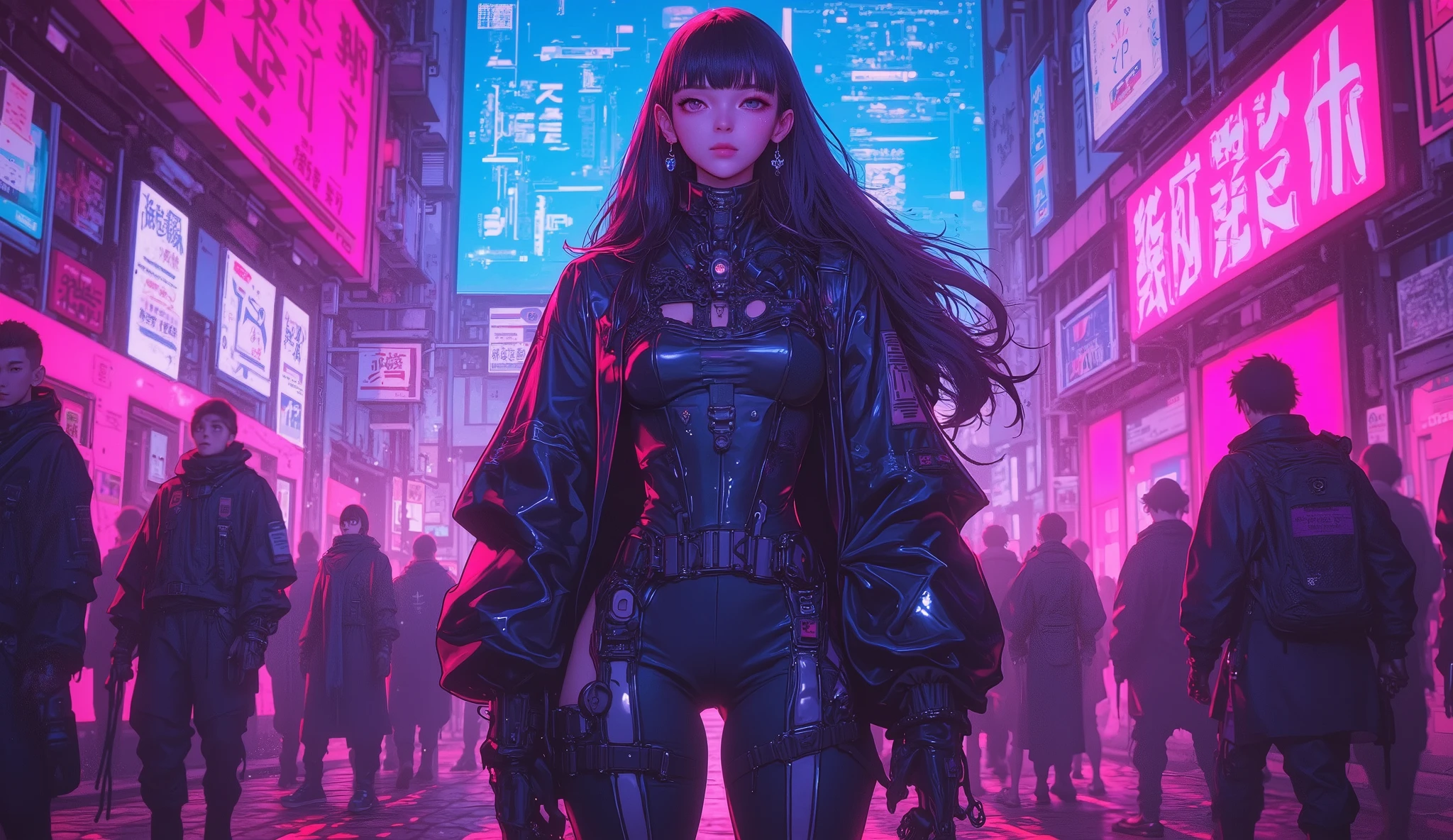 masterpiece, detailed shadows, detailed background, best quality, expressive eyes, perfect face), (((cyborg, expressive clothes)), ((long curly hair)), (wearing techwear clothes, techwear fashion, techwear trousers, cyberpunk), ,cleavage, ((expressive-tattoos)), ((in street after rain, surrounded by skyscrapers)), best view angle, vibrant neon lights, holographic advertisements, reflections on wet pavement, dramatic lighting, ethereal beauty, futuristic urban jungle)