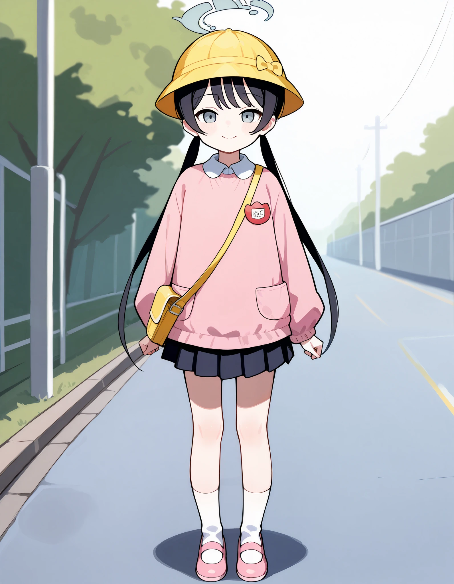 Hd, (girl:1.2) (slender body) (thin body), kisaki, black hair, low twintails, grey eyes, halo, school hat, yellow hat, kinderrm, collared shirt, pink sweater, red name tag, holding yellow bags, flat chest, pleated skirt, black skirt, white socks, flat breasts, happy and confident expression. full body, short girl, cute girl, (loli:1.2), (ch1ldr:1.2), long straight hair, thin legs, flat chest, flat breasts. (happy, smile, cheerful), Standing, outdoor, wearing pink shoes, white socks