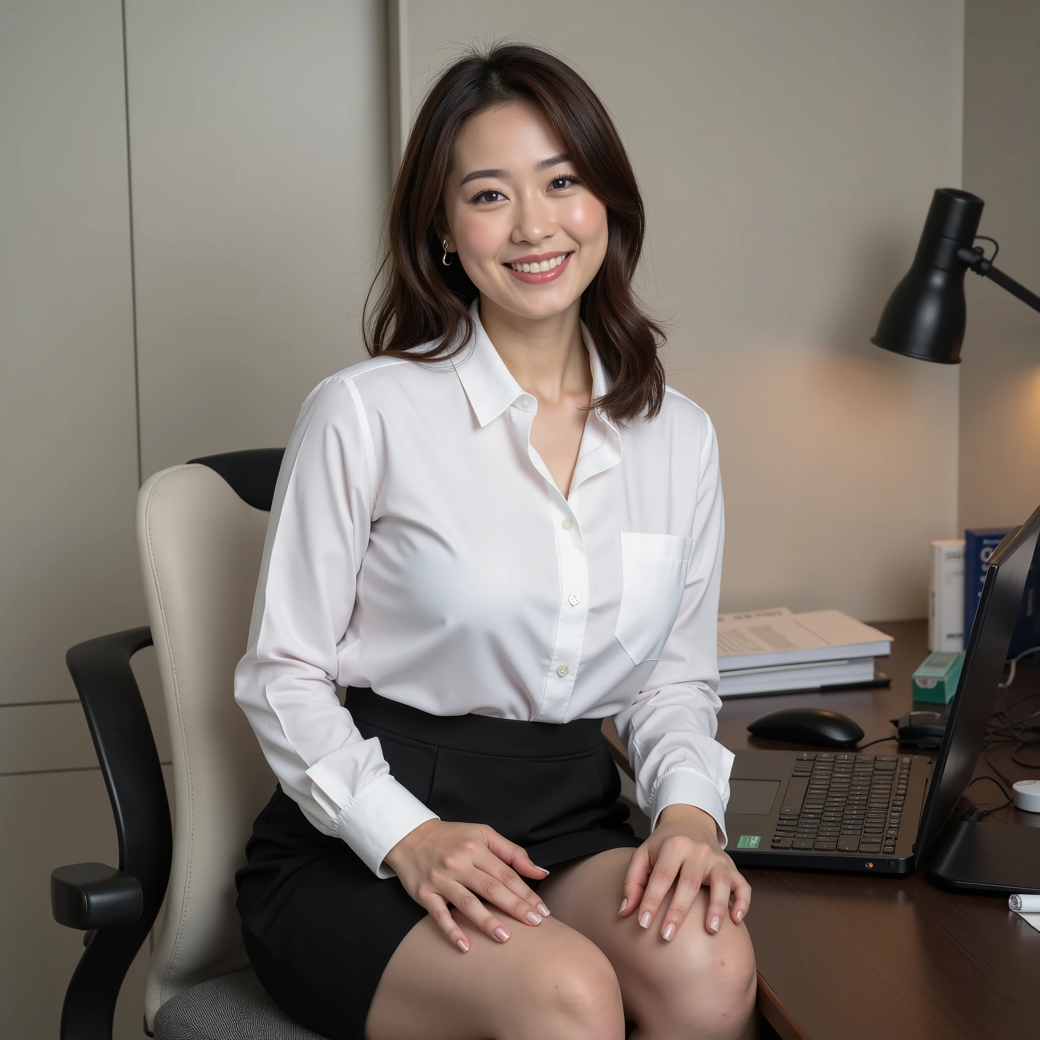 『  One Japanese Girl :1.3』『 Actual photo:1.3』 top quality:1.2、(( Big Breasts ))、  gravure idol pose 、((  young woman))、((  has red cheeks ))『  is showing teeth and smiling:1.9』、(((  anatomically correct、  perfect anatomy、  anatomically correct指)))、  real 、 top quality、 super high resolution、 RAW Photos、( curvy body)、((masterpiece:1.4、 top quality))、  1 girl、 Business Suit 、 white shirt 、I'm sitting wearing a short black skirt、Sit at a desk、Working conditions 、Big Breasts、 black stockings、