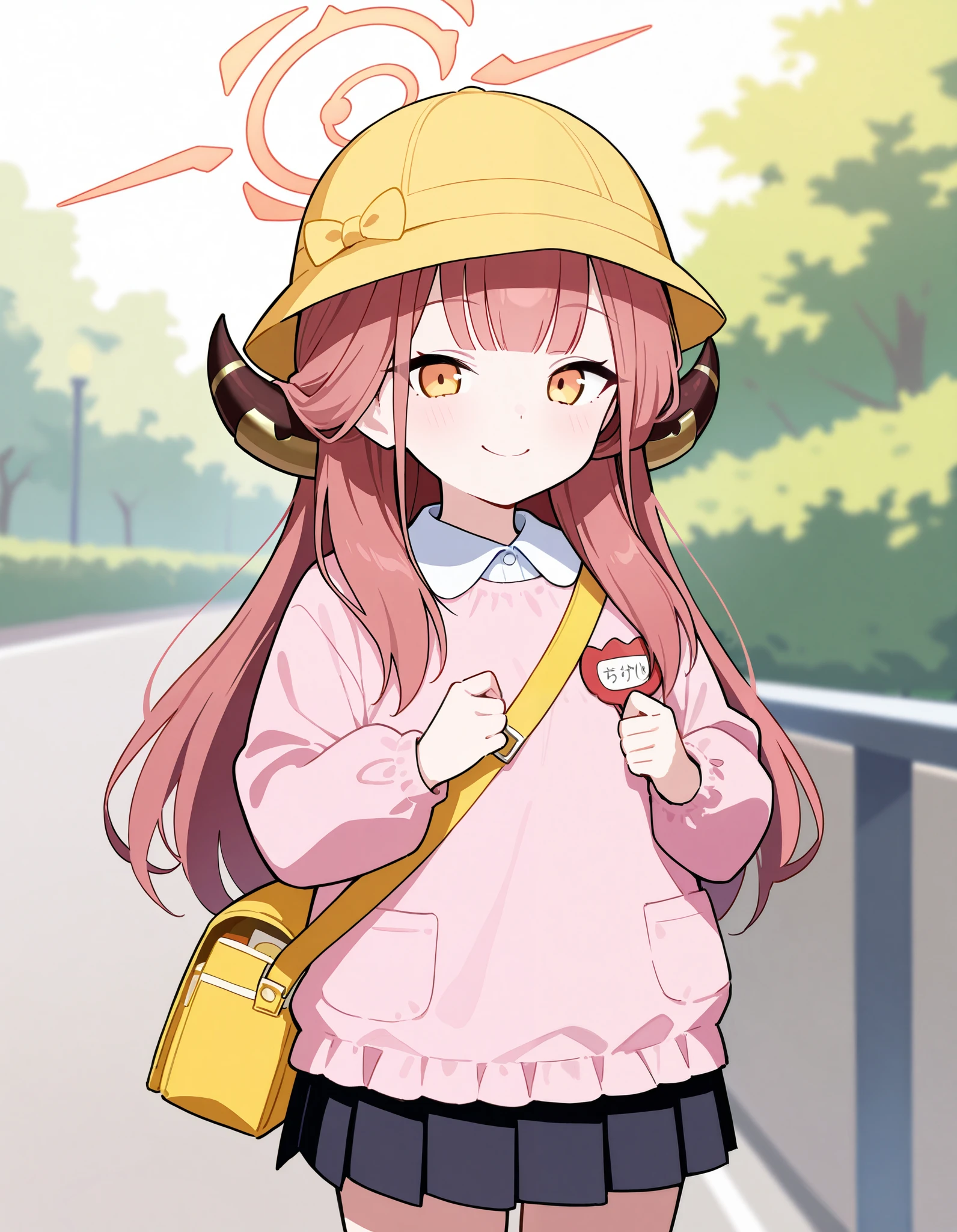 Masterpiece, hd, best quality, aru, Aru rikuhachima, Aru (blue archive), halo, horns, long hair, orange eyes, pink hair, bangs, blunt bangs,  school hat, yellow hat,   uniform, collared shirt, pink sweater, red name tag, pleated skirt, black skirt, outdoor,  smile,  standing, cowboy shot, holding yellow bags 
