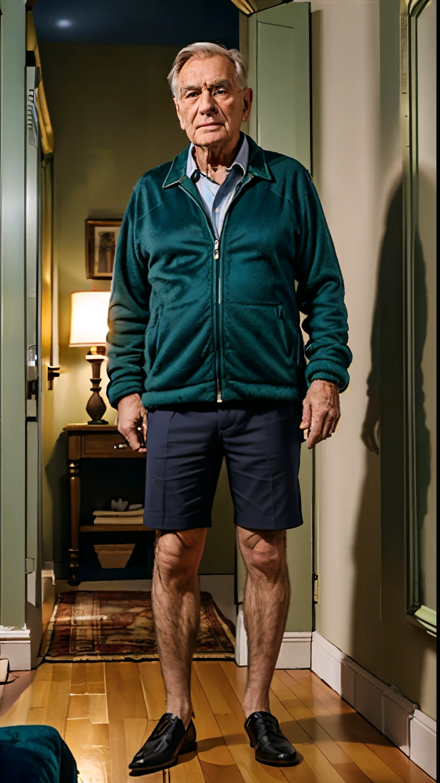 A 90-year-old full-body fleece man, looking at the spectator, green jacket , _light, night, inside the chain, dark background, dark,