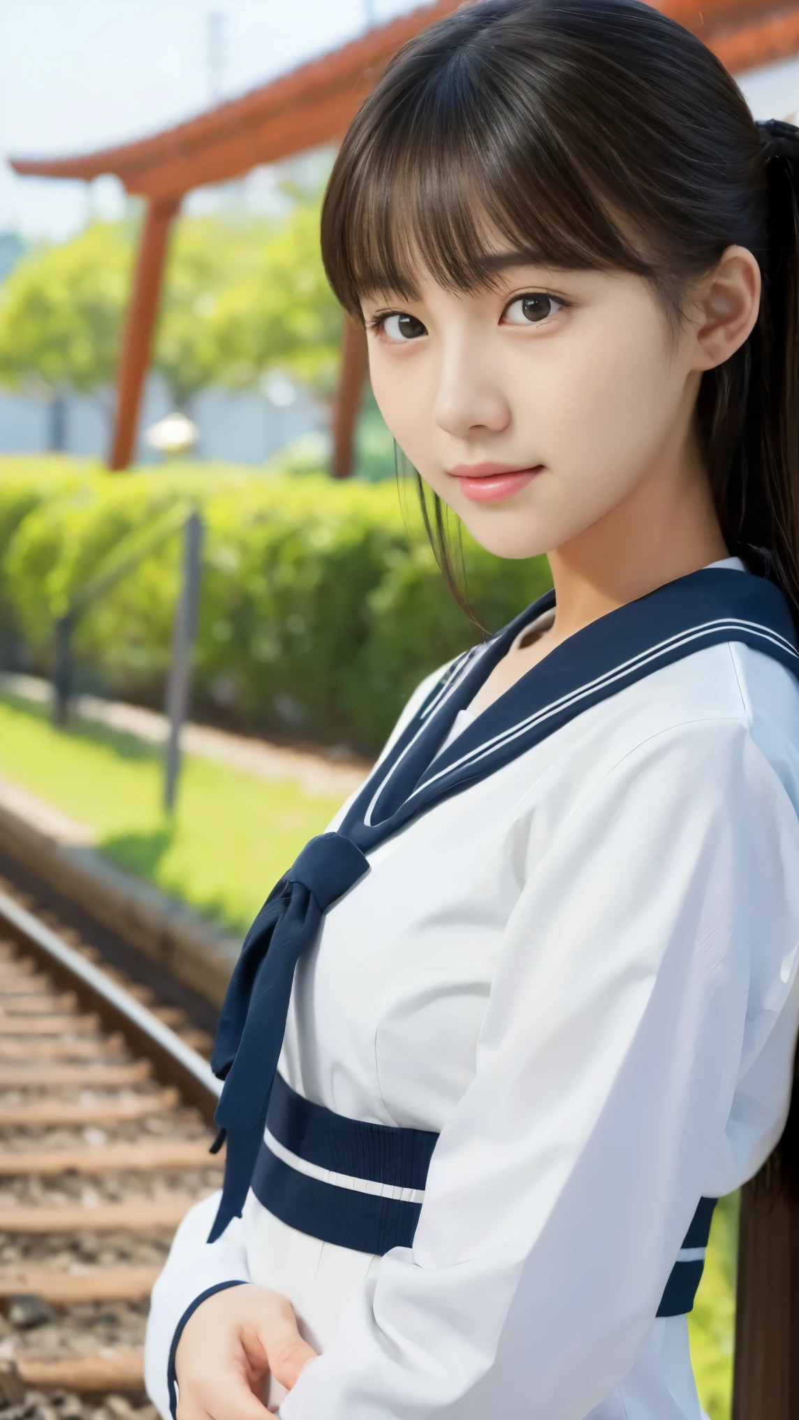 masterpiece、  top quality of talks、  Train illustration 、   Super Detail、  in detail、   high resolution、  8k wallpaper、  perfect dynamic composition、 beautiful,  beautiful,   girl、 mature    、  Korean Idol、  beautiful Face with Attention to Detail 、 Detailed  beautiful Eyes  、  textured skin、 With a faint smile、  small breasts、Thin arms、 female middle school sailor 