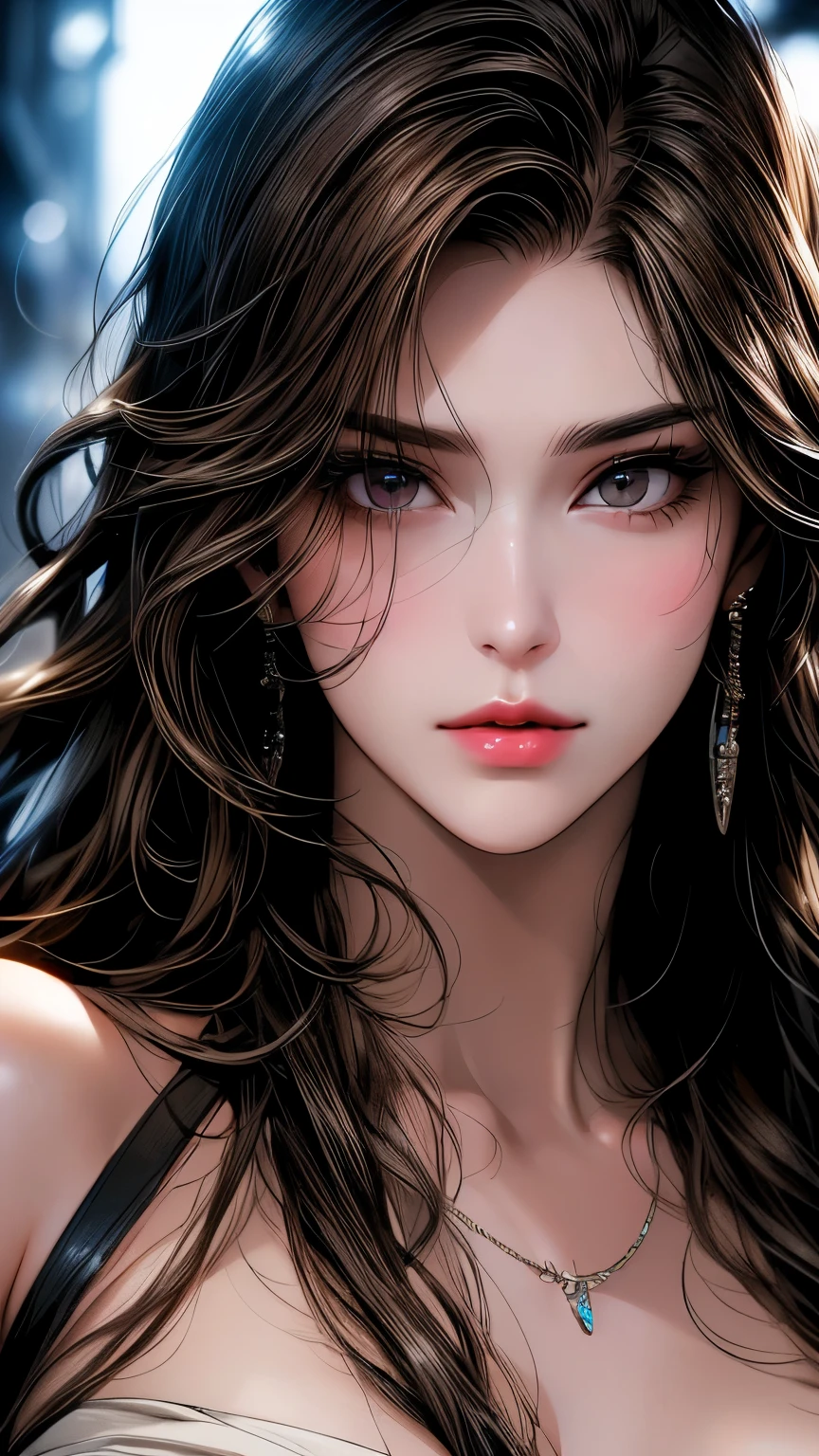 Photo of a 25 year old European girl posing, born, Beautiful woman, (super long wavy brown hair), ((portrait)), ((be familiar with face:1.2)), ((be familiar with facial features)), (finely be familiar with skin), white skin, (white short dress), Cyberpunk metropolis environment, (cool color), Moist, Moist, masterpiece of reflection) (perfect proportions)(realistic pictures)(highest quality) (be familiar with) , HDR, (8k) (wallpaper) (cinematic lighting) (dramatic lighting) (sharp focus) (Complex)、(((close up of face)))