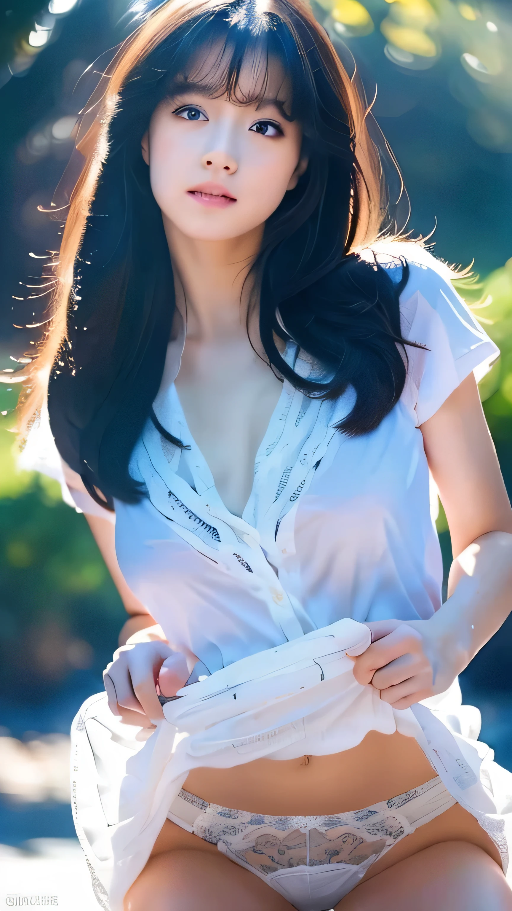 Araffe asian woman in white shirt and panties sitting on a bench ...