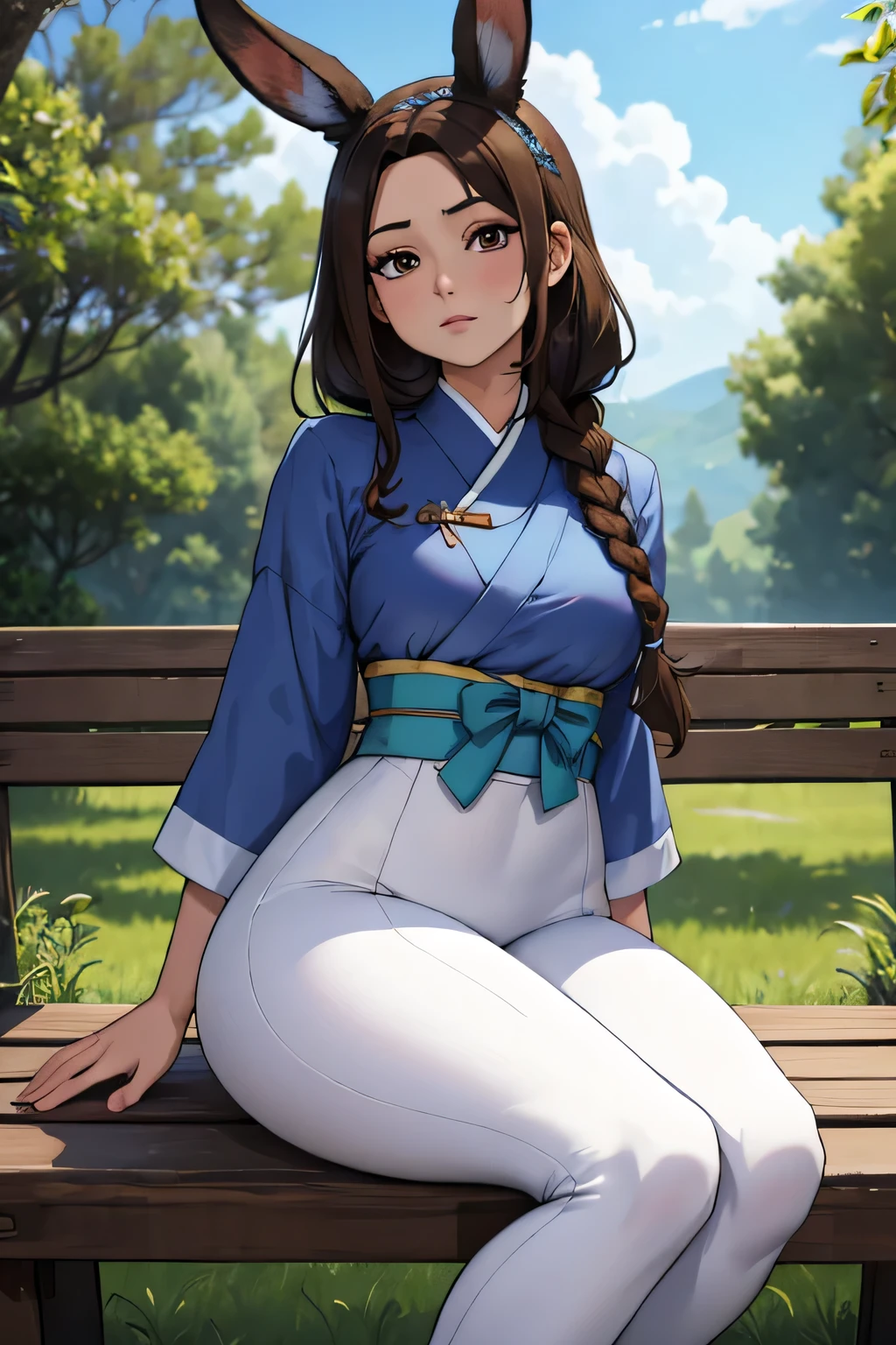 Ultra-high-definition, super-detailed full-HD, ultra detail, high detailed digital anime art, fine details. anime,8k, masterpiece, hi-resolution, best quality, hi-res, Top Quality, High Quality, High Resolution, pretty, attractive, woman, dark brown hair, braided hair, black eyes, bunny girl, bunny ears, bunny tail, hanbok, sitting on bench, medium breasts, hourglass figure, white leggings, afraid