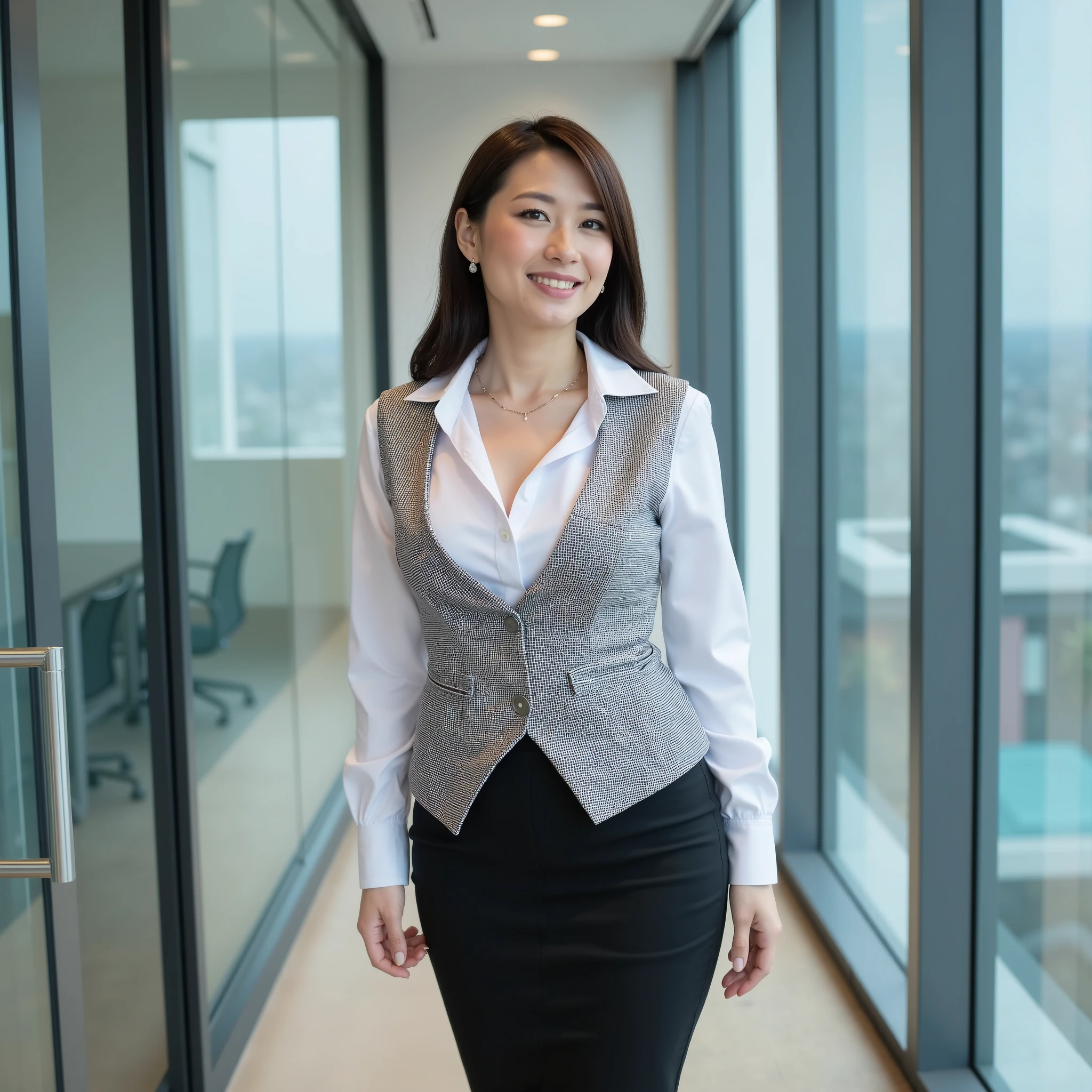 『 Face and hairstyle have a different vibe ２peopleの日本peopleの girl:1.9』『 real フォト:1.3』 top quality:1.2、(( big breasts))、 I can see a little cleavage 、((40-year-old woman))、(( have red cheeks ))(( is showing teeth and laughing:1.3))、((( anatomically correct、 perfect anatomy、 anatomically correct指)))、 is present,  top quality,  super high resolution,  RAW photos in the loop, (Curvy body)、、( top quality、masterpiece)、 Pink Plaid I'm wearing a vest 、 pencil skirt 、 women wearing high heels 、 necklace、 earrings、 cute face、smile、 Dazed in the Center of the City 、Embarrassment、Glass Wall、 Super Detail、 real 、 front view of the company、、(wear[[ White and Grey Check Pattern ]] A vest worn over a long-sleeved shirt with a white collar:1.4)、( Grey Buttoned Vest :1.2)、( pink theme:1.2)、( Blue Ribbon :1.3)、( black theme:1.4)、(赤毛のタイトな黒の pencil skirt :1.5)、 office chair at home、 Le Louvre Unity 8K Wallpaper 、 long brown hair、OL 、 girl ２ people、