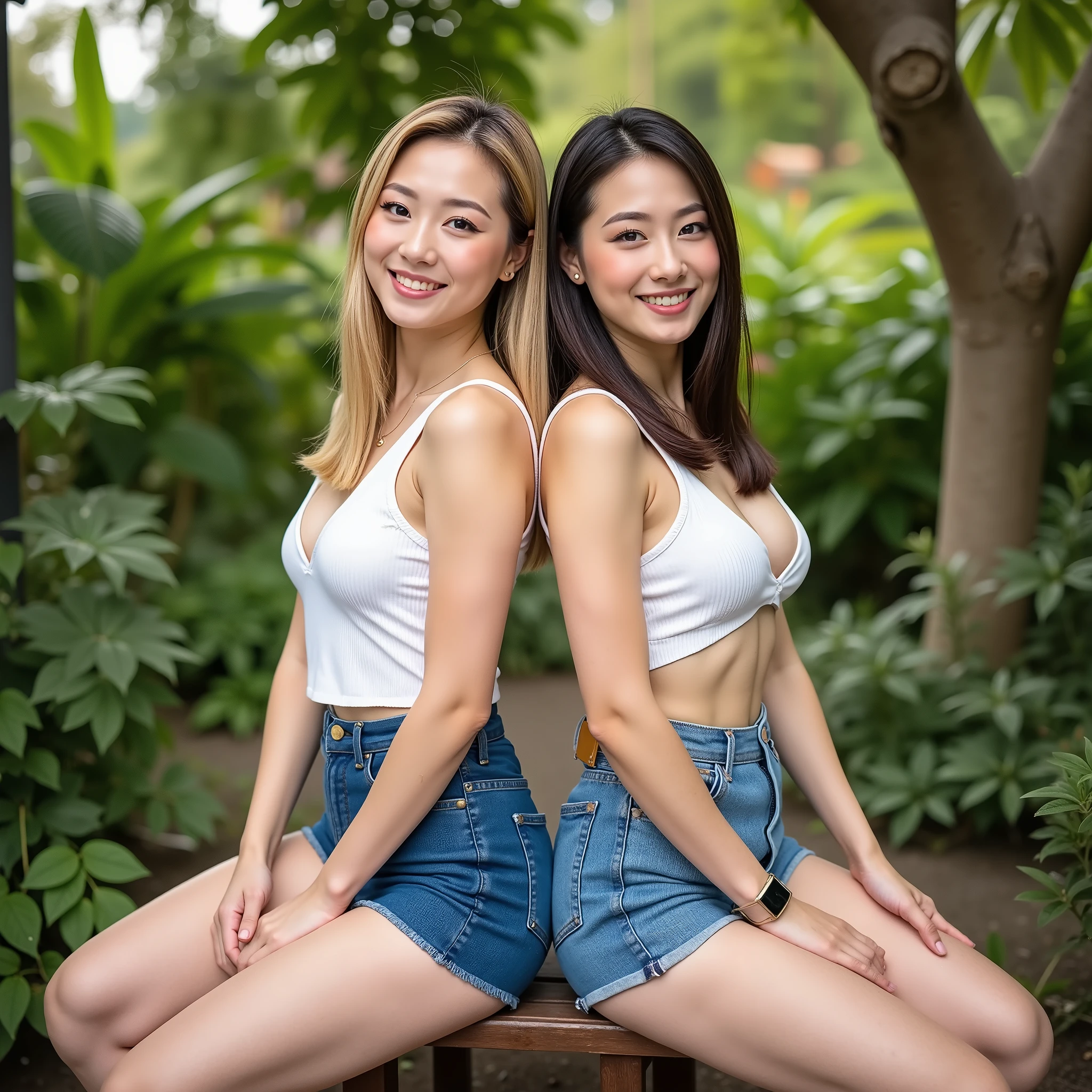 『2 girls with light makeup:1.3』『 actual photo :1.3』 top quality:1.2、(( Big Breasts ))、 I can see slight cleavage 、(( young woman))、(( Red cheeks))(( showing my teeth and laughing 1 :3))、((( anatomically correct 、 perfect anatomy、 anatomically correct指)))、( slender body )、 actual photo , top quality, top quality, masterpiece, super high resolution, (Pravia pose : 1.4), RAW photos , gardenで仲良くベンチに座っている, One blonde , garden, professional lighting, White vest, blue mini skirt,, high heels, full body photo ,Big Breasts, I'm standing back to back 、 camera while praying to God