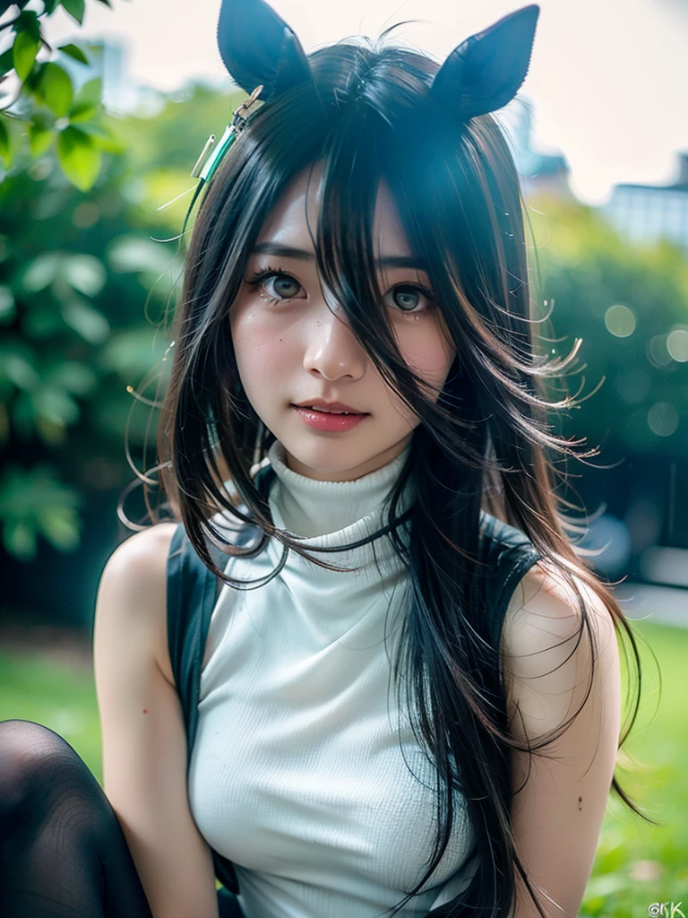 1girl, solo, (beautiful Japanese girl), ager, Slender Body, (large Breasts:1.3), (pointy breasts:1.2), Low Height, (smile:1.2), Looking at camera,
break
upper body, spread legs, on the grass,
break
Professional photo-realistic images, (8k, RAW photo, best quality, masterpiece:1.2), (realistic, photo-realistic:1.4), (extremely detailed 8k wallpaper), sharp focus, depth of field, blur background, bokeh, cinematic lighting, soft light, High resolution 16k close-up of human skin,
break
Manhattan Cafe ( Uma Musume),
manhattancafe, black hair, long hair, yellow eyes, ahoge, horse ears, horse tail,
break
jewelry, mismatched legwear, nail polish, ring, (see-through white sleeveless turtleneck:1.5), (naked white sleeveless turtleneck), microskirt, thighhighs,
break