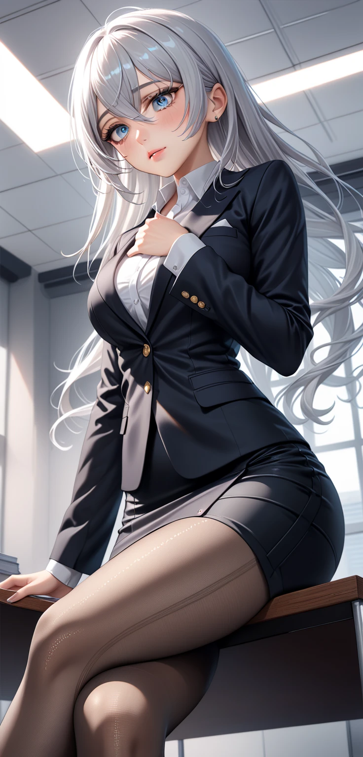 best qualtiy,Full body like,Cinema lenses,Refined face,pretty face,20yo woman,ssmile,slimfigure,medium chest circumference,Office president white petticoat,Delicate and gorgeous white blazer,Office wear,Beth,interior scenes,office room,Open the collar,Expose cleavage,Raised sexy,nipple bump,tit,vacuum,耳Nipple Ring,choker necklace,Stretch meat,choker necklace,耳Nipple Ring,Beautiful and meticulous office