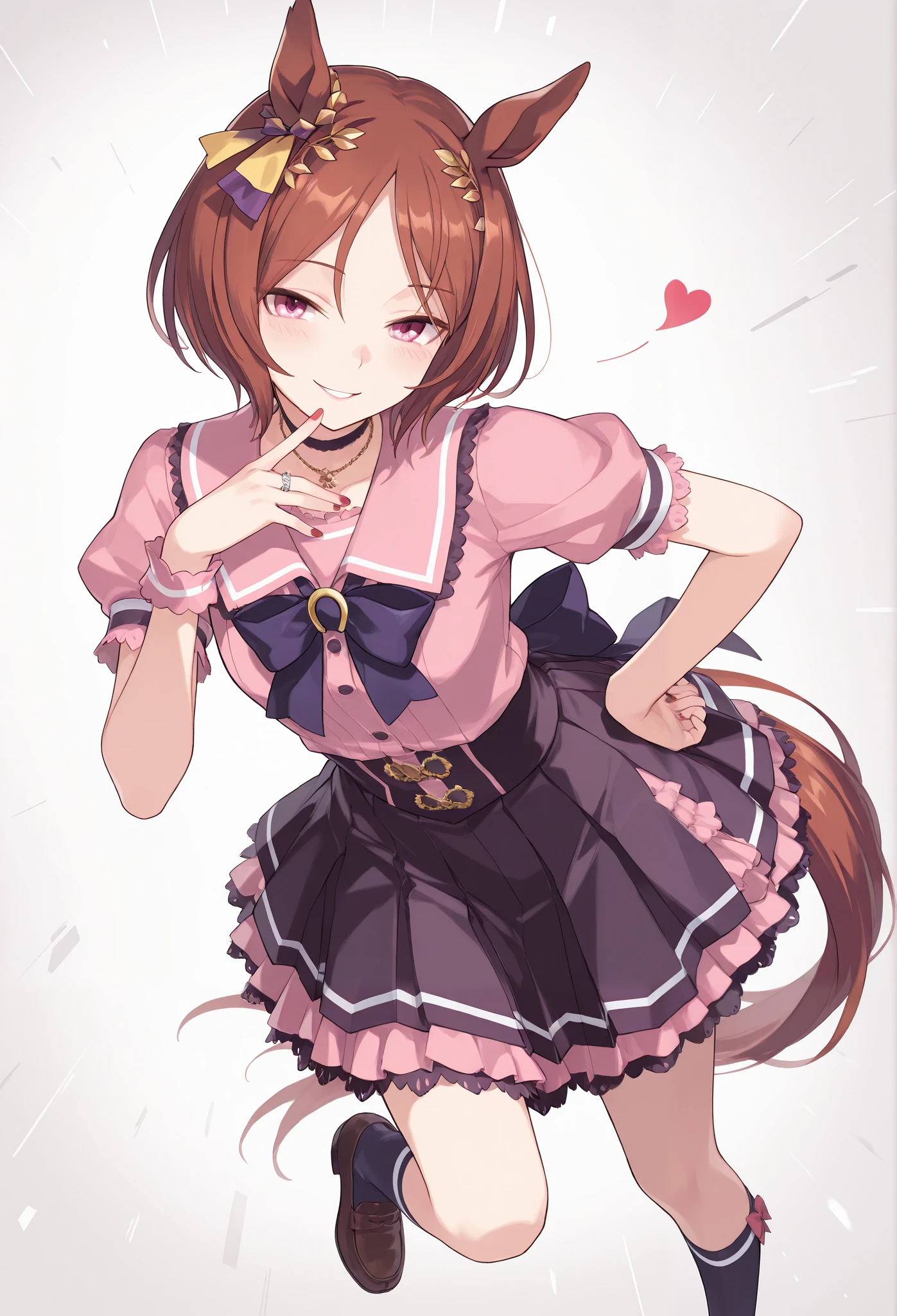 {{{Racecourse:1.6}}} {{{ 【 focus on your upper body :1.5}}},( high resolution),( high resolution), ( Unity 8K Wallpaper),( detailed image ), {{{Type Moon :1.7}}},((draw:1.5)),
sakura laurel \( Uma Musume\), ,{Right ear decoration },{{{pink lace blouse with ruffles and bow}}},{{{ frill skirt}}},{ Thick Bottom Loafers },{ gothic necklace and ring },{Choker with bow },{Red lipstick} {naughty face} {seductive smile}