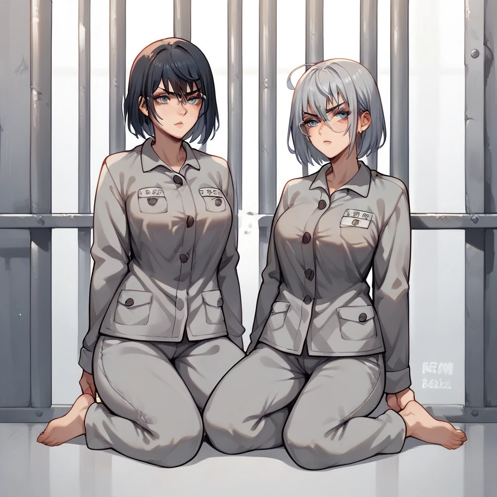mugshot, view the viewer, Behind bars, Huge breast, White-haired, prisoner, imprisonment, Striped prison jumpsuit, black & White stripes, ahegao, Handcuffs, Barefoot, Chained, Restrainged, shackle, domina, Stripes white & black, jail cell, lock, lesbian, Sex life, Kissing
