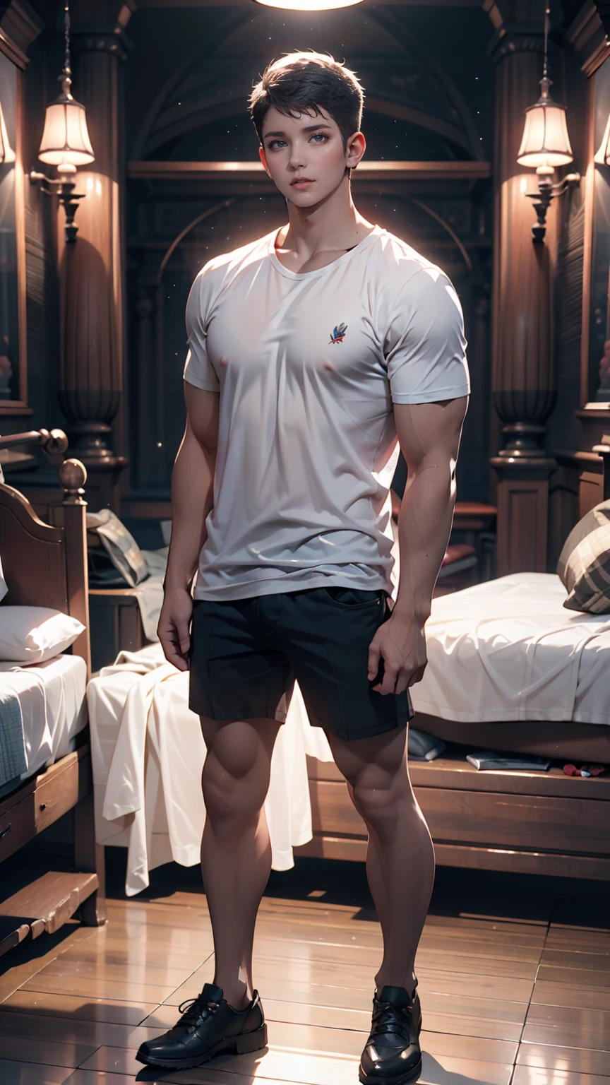 1boy, 独奏, unbuttoned shirt, short shorts, black shorts, white socks, (Big dick:0.6), 35 year, masterpiece, details, hairy chest, HD, best shaders, fullbody，Excellent J8，Big bag highlights