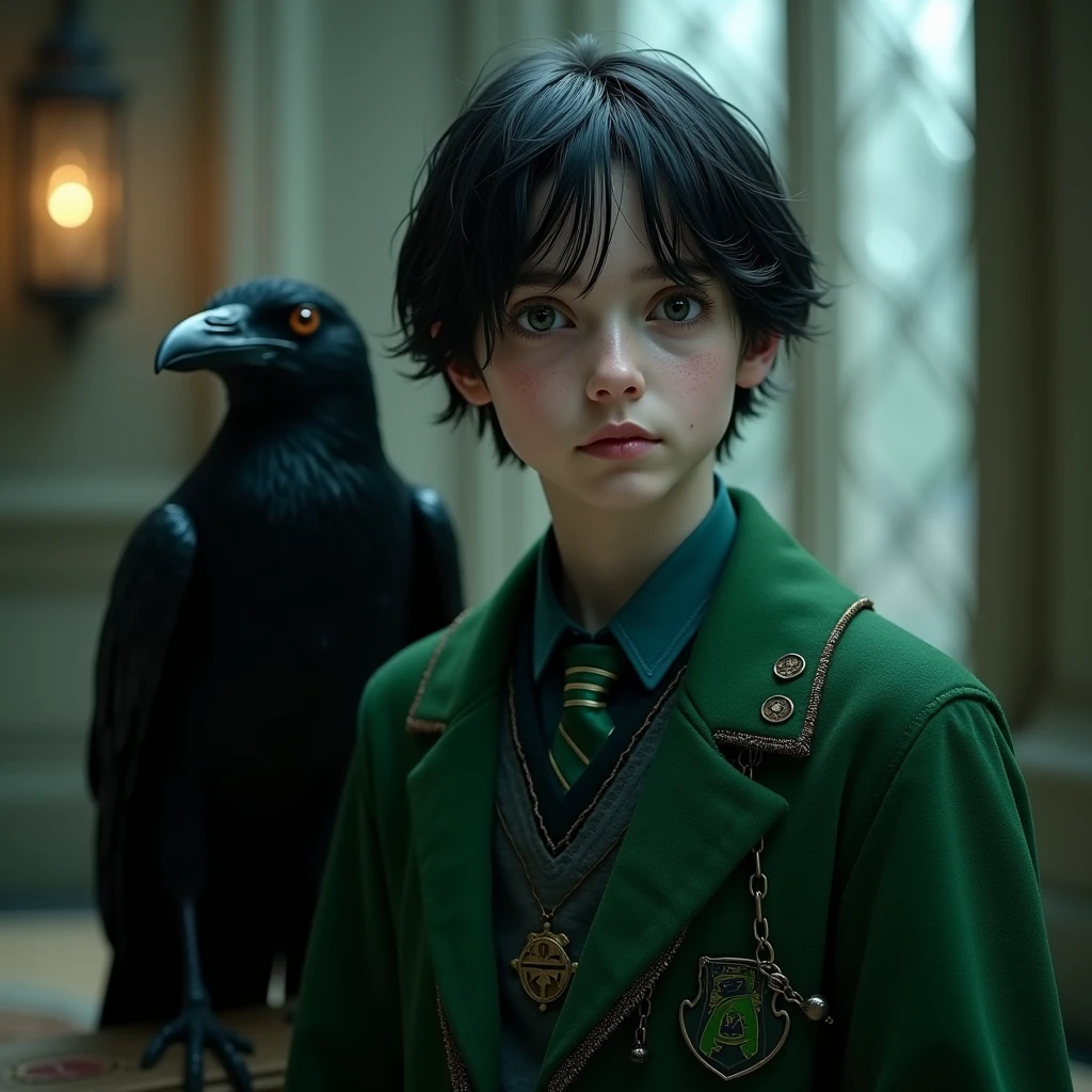 a young 9-year-old daughter of severus snape,((highest quality)),(ultra high resolution),(Super detailed),(detailed description),((best CG)),(best work of art) ,black hair、radiant green eyes ,(Masterpiece:1.2), Best Quality, (illustration:1.2), (ultra detailed), hyper details, (delicate detailed), (intricate details), (cinematic light, Best Quality Backlights), Delete line, soloist, perfect body, (1 girl), the ruby ​​gem represented as a girl, (make up), High contrast, (better lighting, an extremely created and beautiful), (cinematic light), showy,