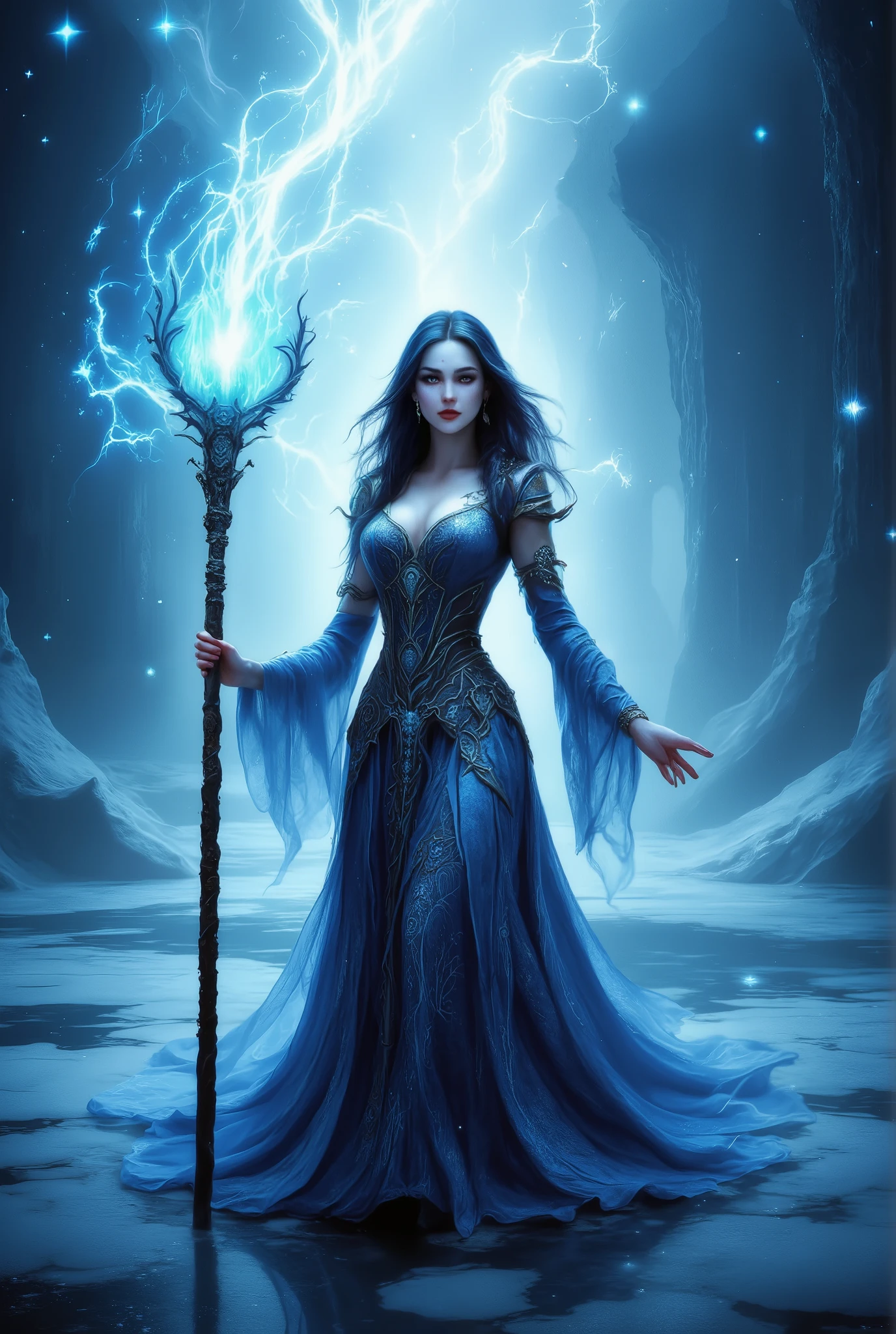 beautiful Fantasy wallpaper , fantasy style, sorceress with a wooden cane with patterned and intertwining patterns, emits the magical light of lightning , in a beautiful outfit with decorations , steps on an icy lake , beautiful snowflakes sparkle to make the picture exciting , high quality masterpiece , best details, Lots of Details , best quality, maximum detail . 8 k,