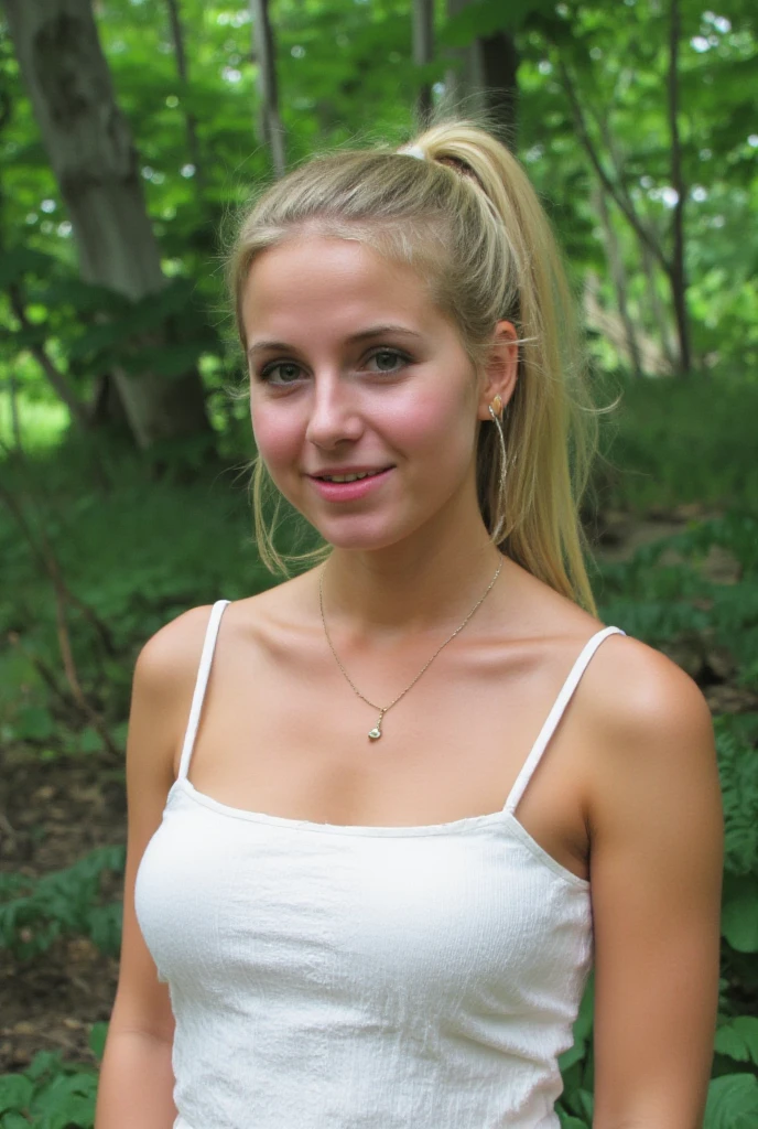 a woman from Poland, 30 years old, who has blonde hair and beauty imperfections. selfie photos taken of lower quality with a phone. and there is a forest in the background