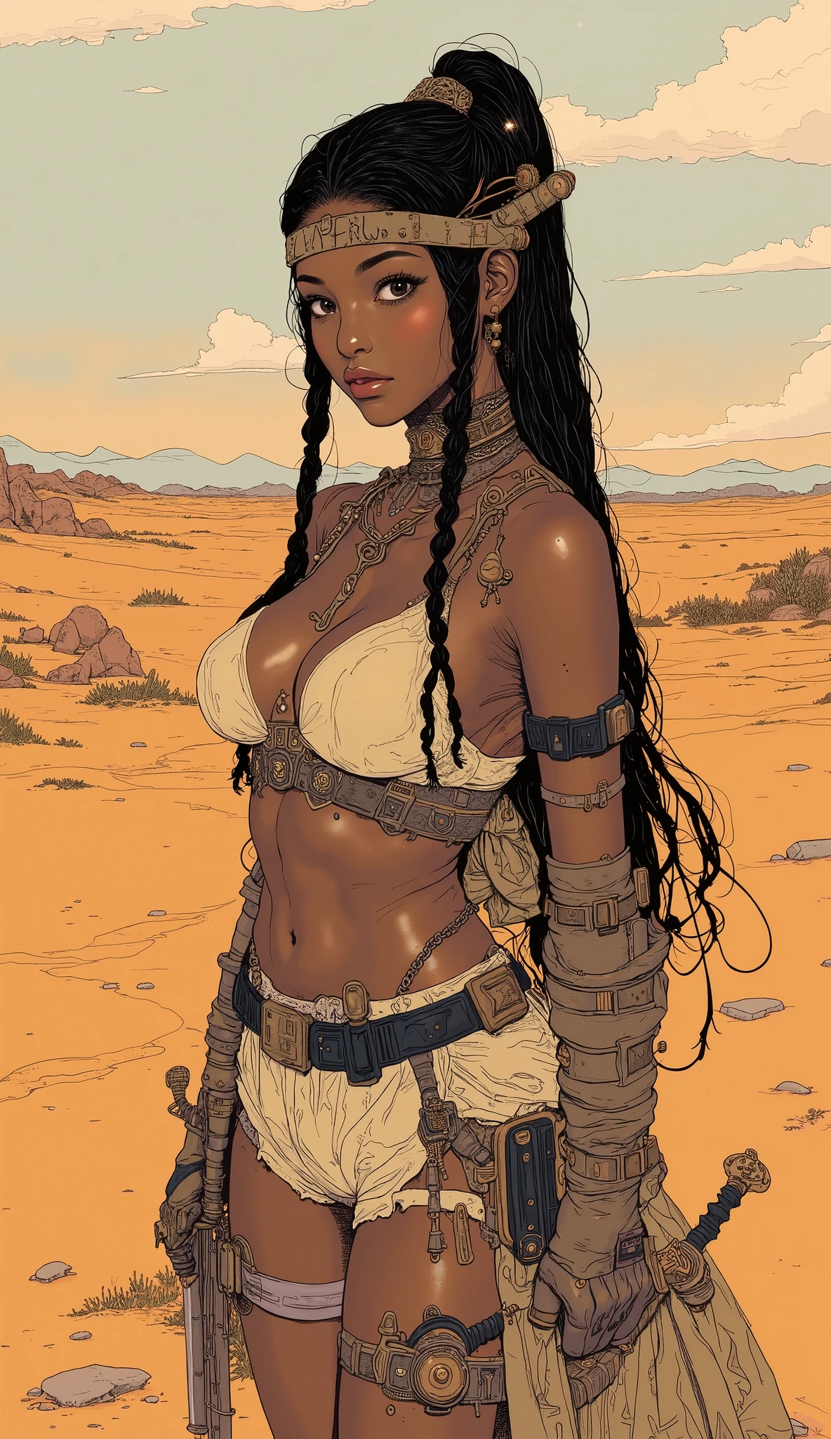 (melhor qualidade), anime style, mulher negra, ((pele muito nega)), linda, anatomia perfeita, corpo perfeito,(com cabelos brancos), cabelos muito volumosos, (((with Egyptian braids))), vestindo uma roupa curta, swimsuit with white and black details, ((missangas douradas)), desert background with lots of sand, fazendo vento,