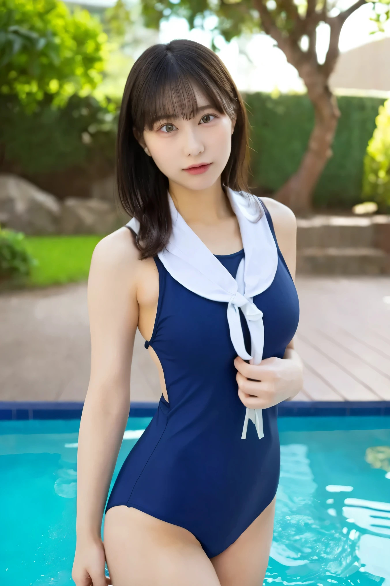  Ulzan-6500-V1.1, (    In the loop    :1.2), (    photorealistic   ),     A beautiful girl with great attention to detail    ,     very elaborate eyes and face   ,     beautiful detailed eyes, hugeFilesize,     high resolution,     This is very detailed      ,      HIGHEST QUALITY TALK   , [masterpiece:1.6], Awareness-raising activities   ,     This is very detailed      , CG,     Detailed Sections  ,      HIGHEST QUALITY TALK   ,    8k wallpaper,         cinematography lighting    ,     one girl ,  aunt、(Age 35:1.6),         perfect body type , Nervous、【  Big Breasts Close Eyes   、Heavy chest、    J Cup    :1.9】、 Cute downward eyes   、    beautiful big eyes、Wearing sweat，    wet、【   sexual arousal:1.6】、( My whole body is    wet:1.2)、  light in the eye、(  Japanese School Uniform、     Photographed in a dark blue one-piece swimsuit 、    Japanese Navy Blue School Swimsuit  :1.3)、(    swimming pool    :1.2)、(   Playing in Dynamic Poses  :1.2)