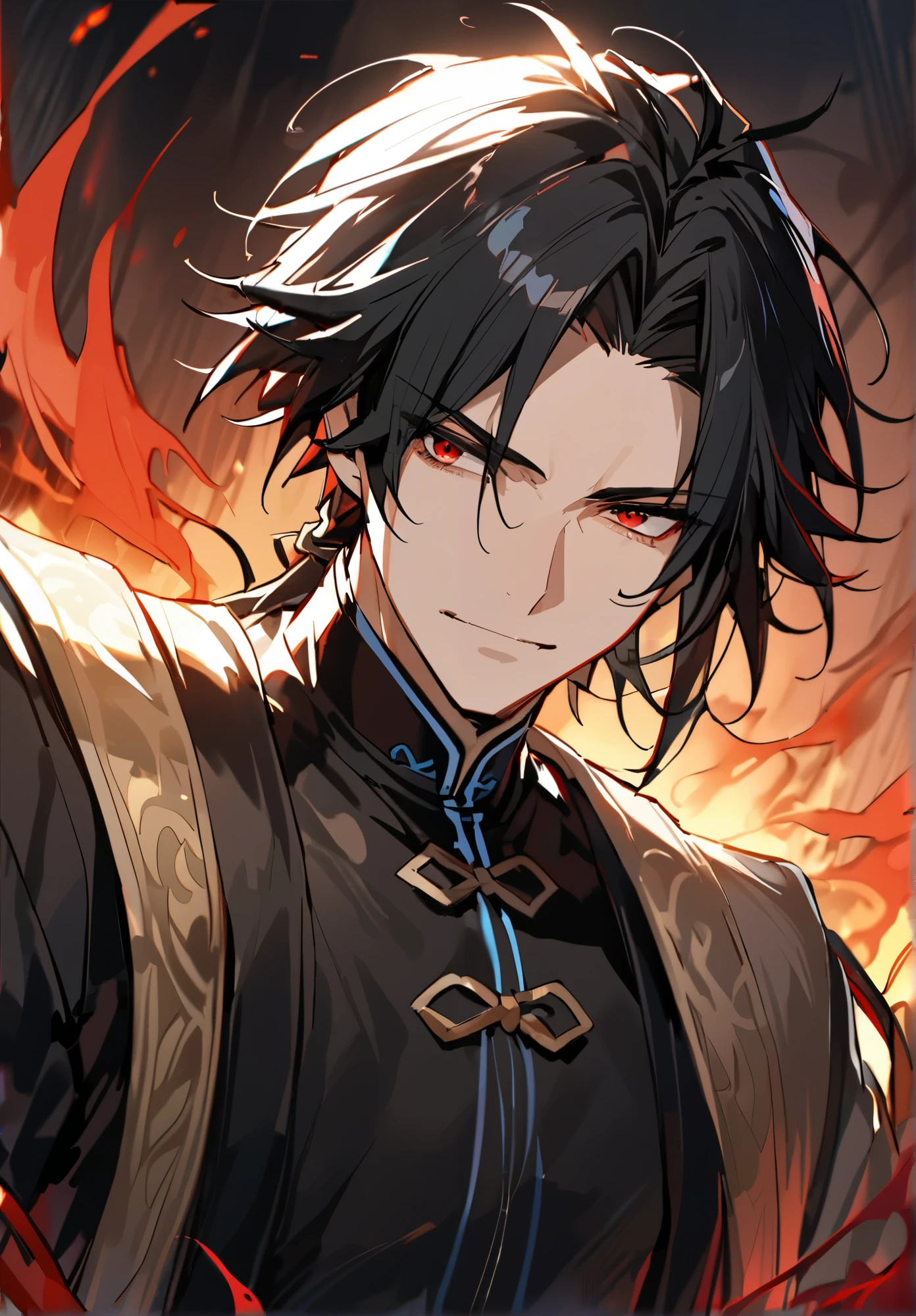 A male cultivator, alone, adult and has nice pretty handsome face, longest black hair, from wuxia chinese novel, black outfit,, red eyes,, qi aura,