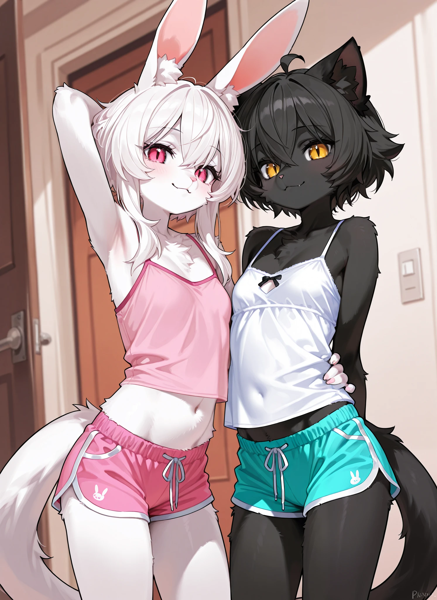 Best quality, highly detailed, ultra detailed, 1 very Dark brown skin boy, chocolate skin, flat chest, male chest, curvy body, long dreadlocks, pink dreadlocks, pink eyes, cat ears, lipgloss, wearing white croptop, biker shorts, booty, bedroom background