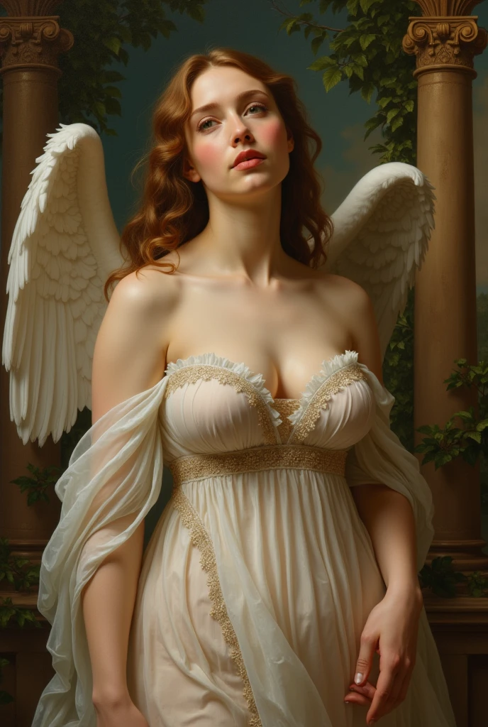 Divine angel, spreading her wings, red close-cropped hair, pale skin, (angelic (halo) made of heavenly light:1.2), bathed in blinding light, huge breasts, fantasy art, concept art, high quality, 8k, delicate features, feminine, seductive, (style of howard chandler christy:1.0), (art by jean-joseph benjamin-constant:1.3)
