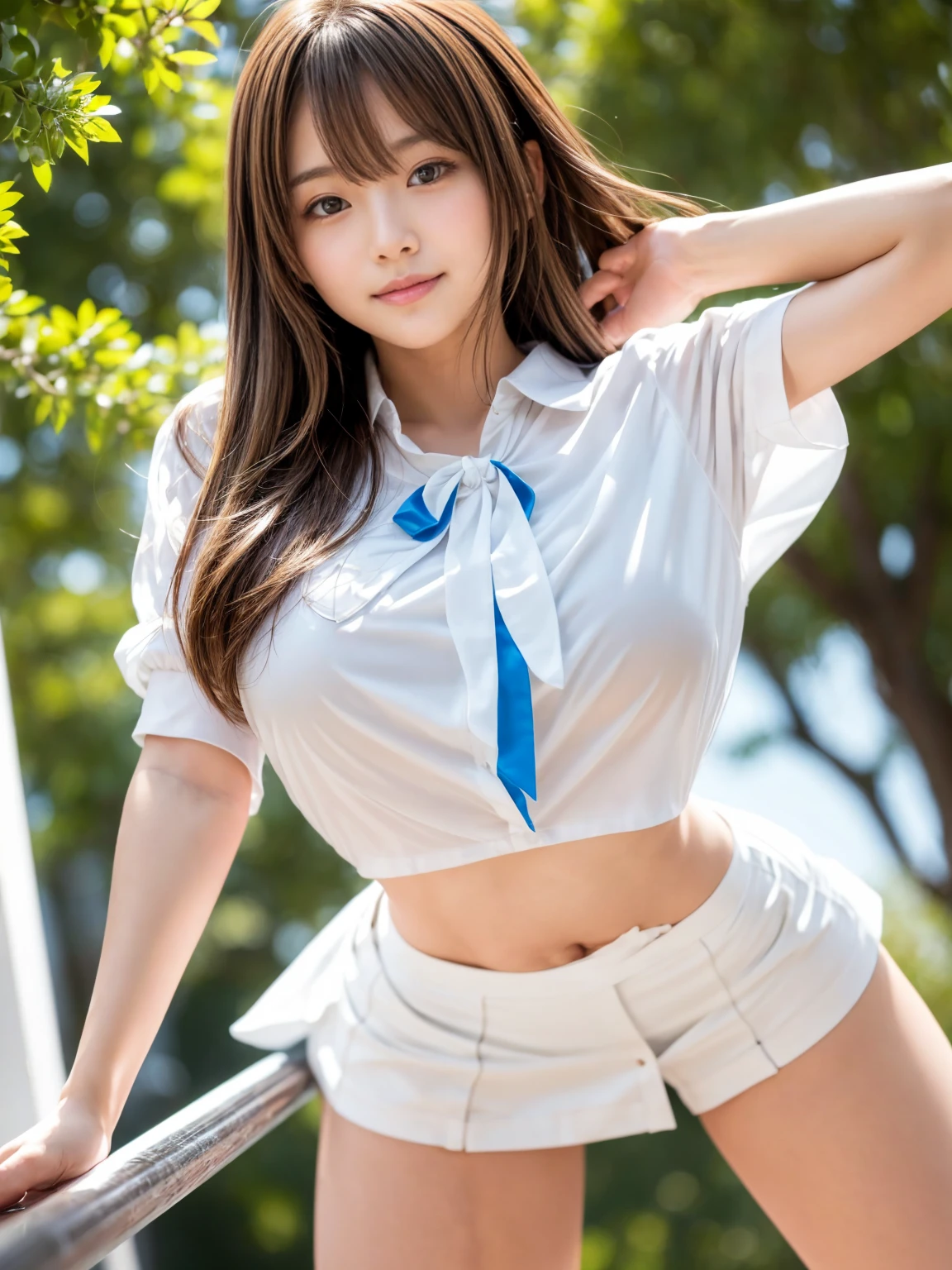 (highest quality:1.3), High resolution, Very detailed, Very detailedな CG Unity 8k 壁紙, Realistic, photo-Realistic, RAW Photos, Beautiful and dense face, White skin, Realistic glistening skin, High-quality fabric, Detailed hair texture, Perfect body, Beautiful Features, Accurate, Anatomically correct, Very detailedな顔と肌の質感、One Girl, cute, ((Brown Hair、ponytail, Deep blue eyes: 1. 2)), Shiny Hair, Thick bangs, ((A smile showing white teeth: 1. 2)), Jersey、Pencil Skirt、White panties peeking out from under the skirt、Black knee socks、((ride a bicycle、Uber eats delivery man:1.1))