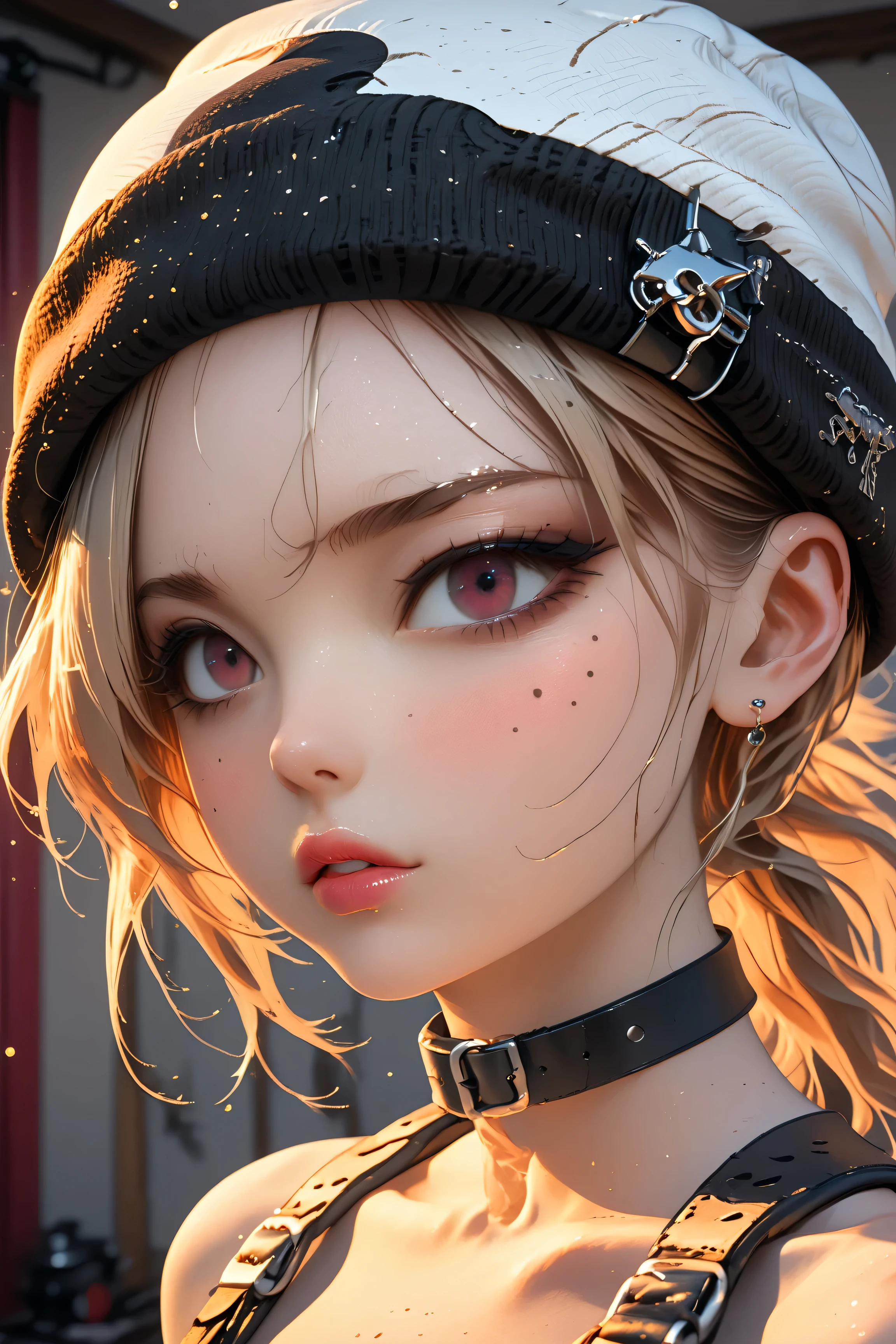 1girl,Thorough, analog style, eye focus, highest quality, (highly detailed skin), photo of a exquisitely beautiful pale skin punk Dutch girl, 21yo, (wearing harness, and beanie), perfect face, alluring eyes, big breasts, cleavage, [seductive makeup], skin pores, (piercing:0.5), indoor, messy bedroom, (bokeh:0.6), sharp focus, dappled lighting, (backlighting:0.7), film grain, photographed on a Sony A7R IV, 18mm F/1.7 cine lens, (highly detailed, intricately detailed), 8k, HDR, seductively posing, front view, (uppper body:0.9)