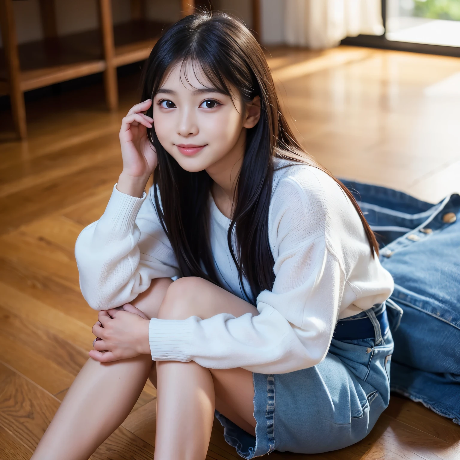 laughter:1.5、I can see her small white panties:1.5,Brown hair short cut with side waves:1.5,casual sneaker wear:1.5,