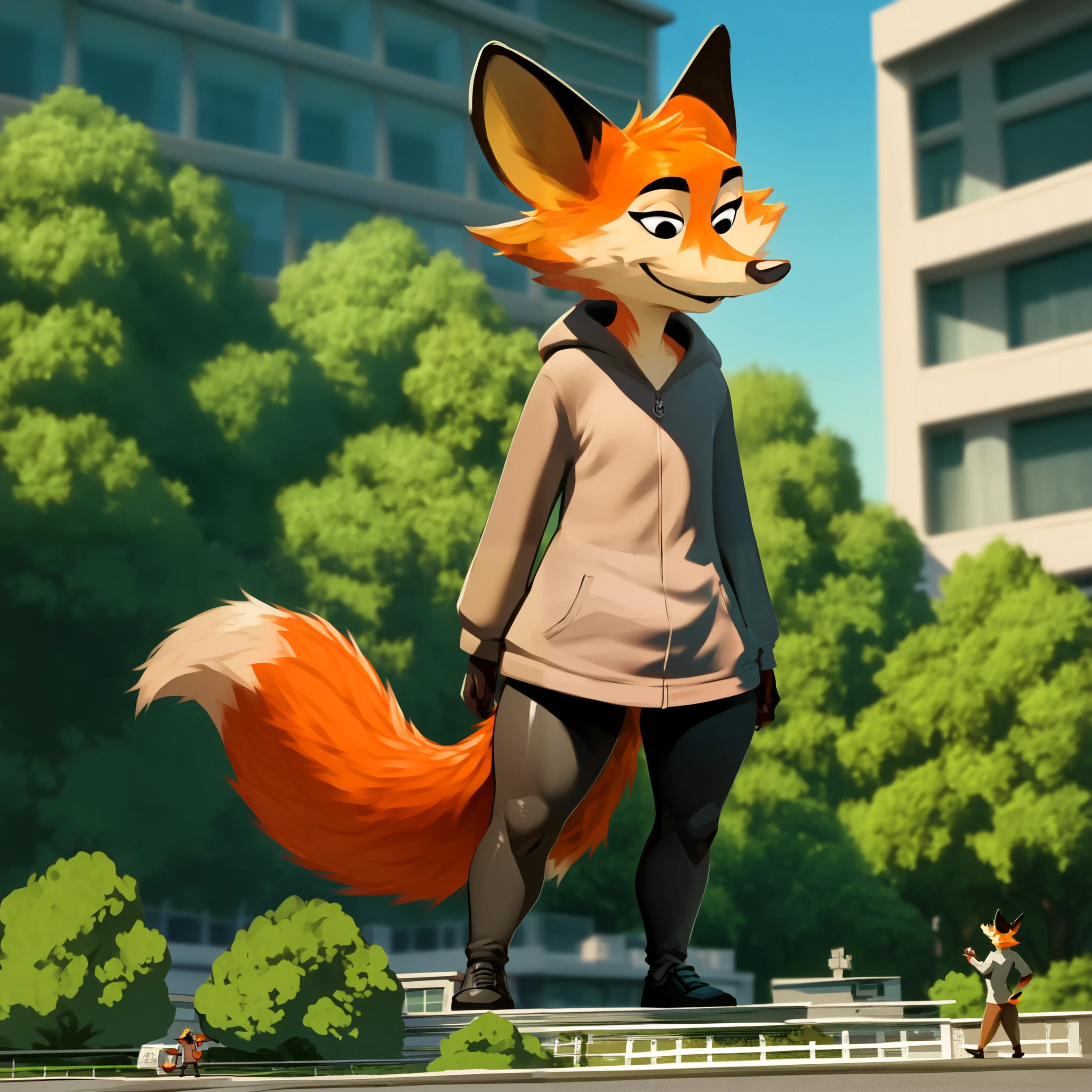 hairy, fox ears , wide hips, thick thighs, FROM BACK, ángulo bajo, macro, al aire libre, smiling, black eyes, Looking at the spectator, full body, standing, long hairy tail