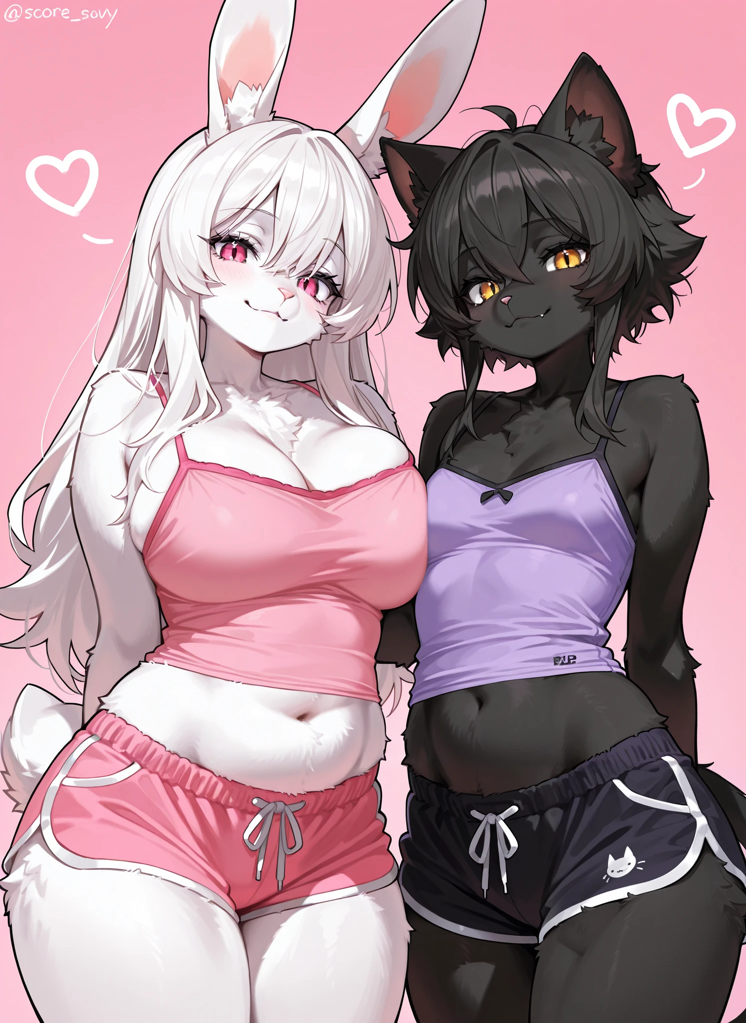 Best quality, highly detailed, ultra detailed, 1 very Dark brown skin boy, chocolate skin, flat chest, male chest, curvy body, long dreadlocks, pink dreadlocks, pink eyes, cat ears, lipgloss, wearing white croptop, biker shorts, booty, giant, bedroom background 