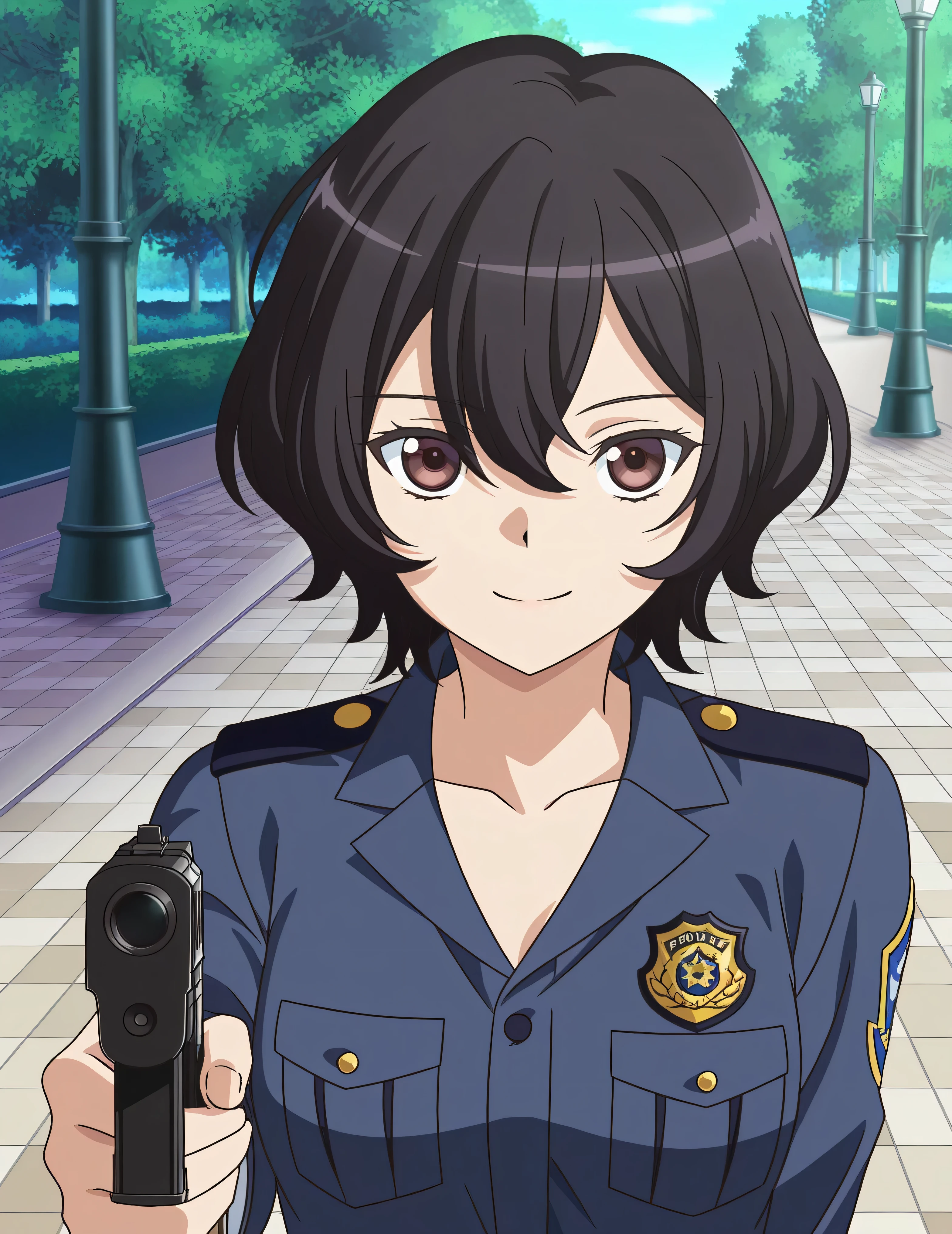 score_9, score_8_ up, score_7_ up, source_Anime,( top quality:1.1), Ultra Detailed, high resolution,Highly detailed skin, beautiful detailed eyes,8k, sharp concentration, beautiful, beautiful eyes, anatomically correct , anatomically correct face, extremely detailed eyes , smooth edge , beautiful face, symmetrical eyes, symmetrical face ,smile,
Amemiya_Two,Alone, black hair, short hair, short hair, Japanese police uniform のリボン, Japanese police baton , Japanese handgun ,Japanese handgun ホルダー,Japanese handgun ショルダー, Japanese police uniform , Japanese police uniform スカート, Japanese police shoes , Japanese police badges,
Japanese Police Gestures , an no yed , mouth, Cross Legs, Watch viewers,
Park, knight , lamp post ,
( beautiful, small breasts:1.2), o, upper body,I closed my mouth, stares at viewers, wavy hair standing in front of the garden,clavicle,
