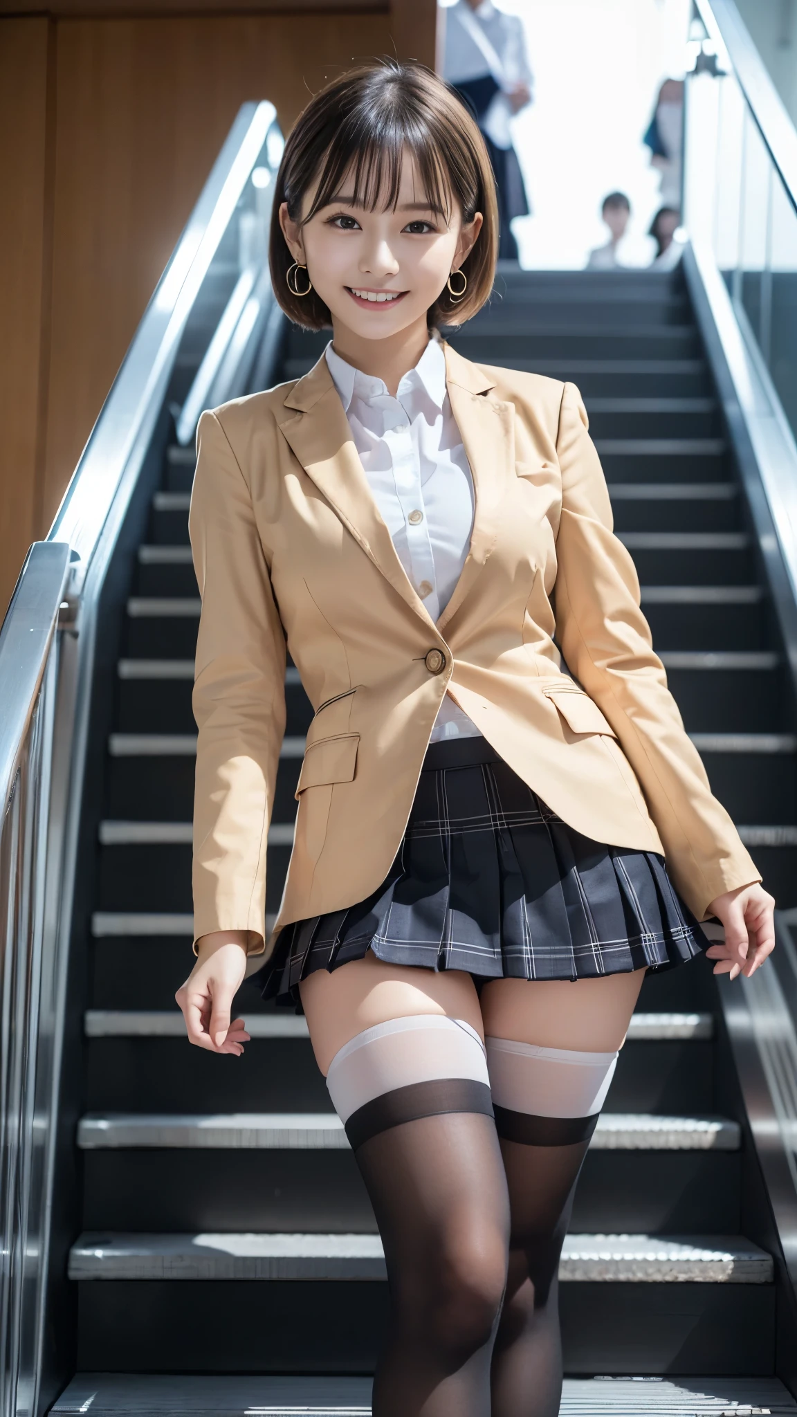 top quality,masterpiece, super high resolution, high-definition RAW color photo, professional photography, natural skin texture , fine skin, hyperrealism, smiles,(Blonde shortcut hair ,Blonde gal,Earrings),gigantic breasts,(( high school girl uniform , white cutter shirt, blazer jacket, plaid pleated mini skirt with wrist restraint, black pantyhose)),(( escalatorの上から見下ろす,from below,skirt lift,panty shot,((standing split)))),( escalator,windy up skirt)