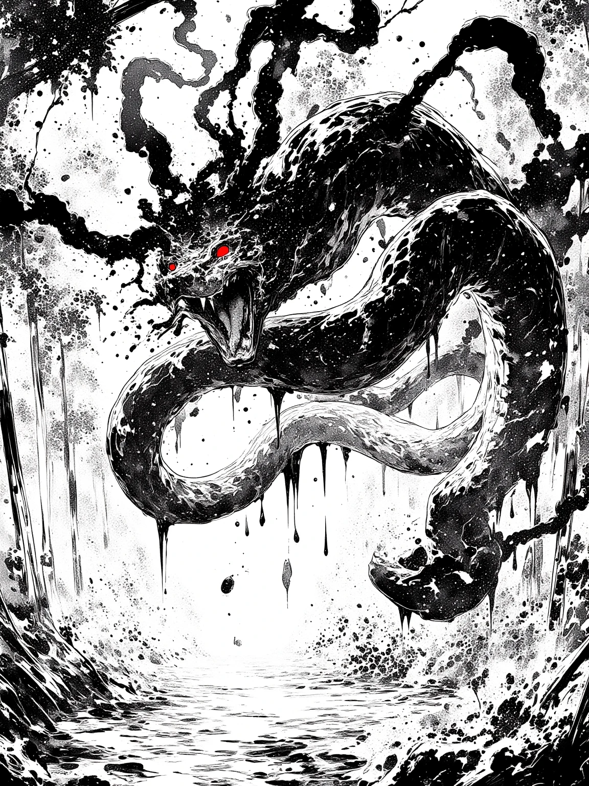 snake, venom, jungle, inky, smudge, paint, abstract, monochrome, masterpiece, ink splatter, ink, black and white illustration, sketch, highly detailed, high quality, masterpiece, inky, line art, strong line art, flowing, beautiful, picturesque