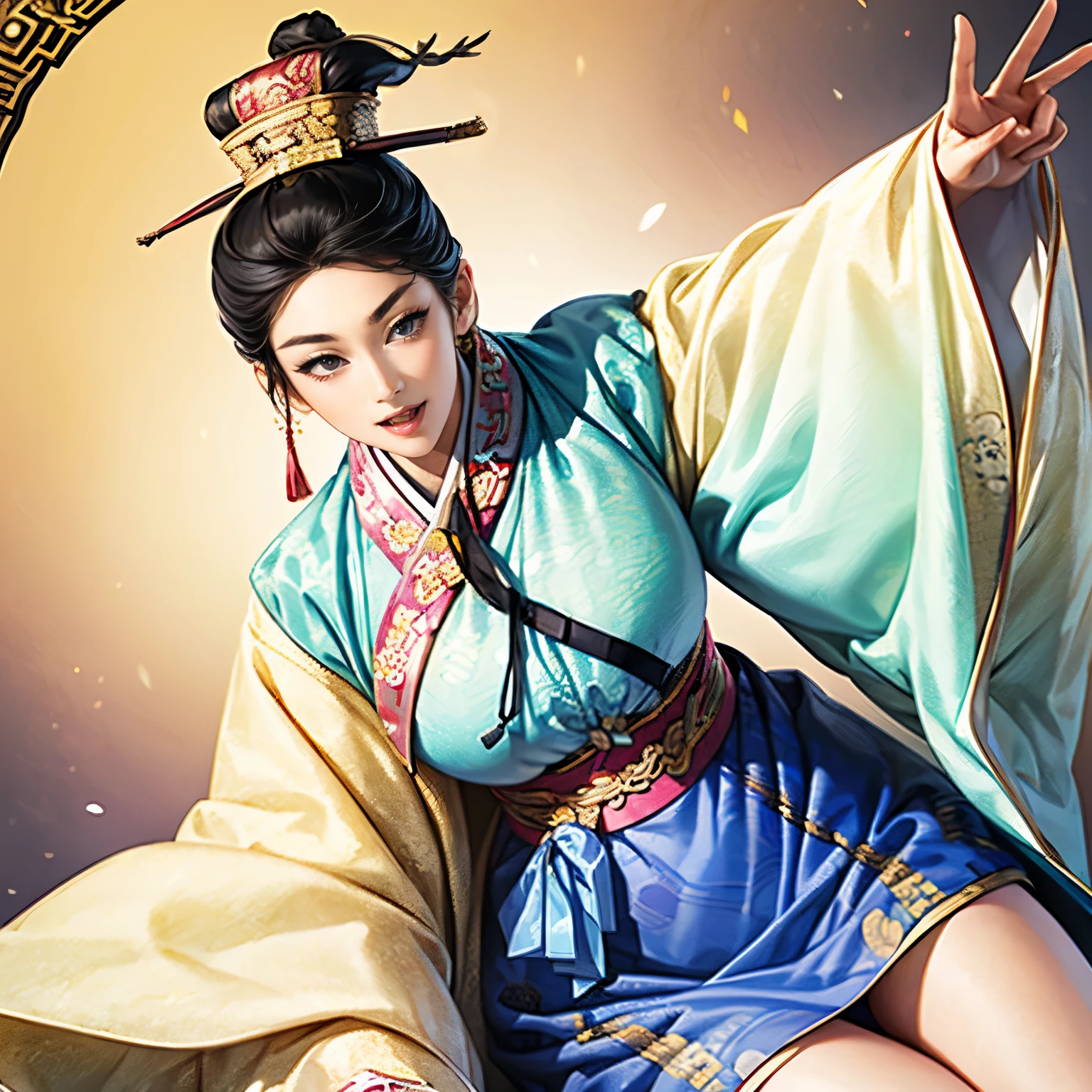 (( from the top of her head to her thighs)), Three Kingdoms illustration , Female solo, ((Korean traditional clothing:1.5)), Beautiful Woman, beautiful face pointing a sword, perfect hands, ( black hair), sexy expression , wink your eyes, excited expression, Various facial expressions, various poses, Brilliant background , blurry background , Korean beauty, random poses, hat, topknot
