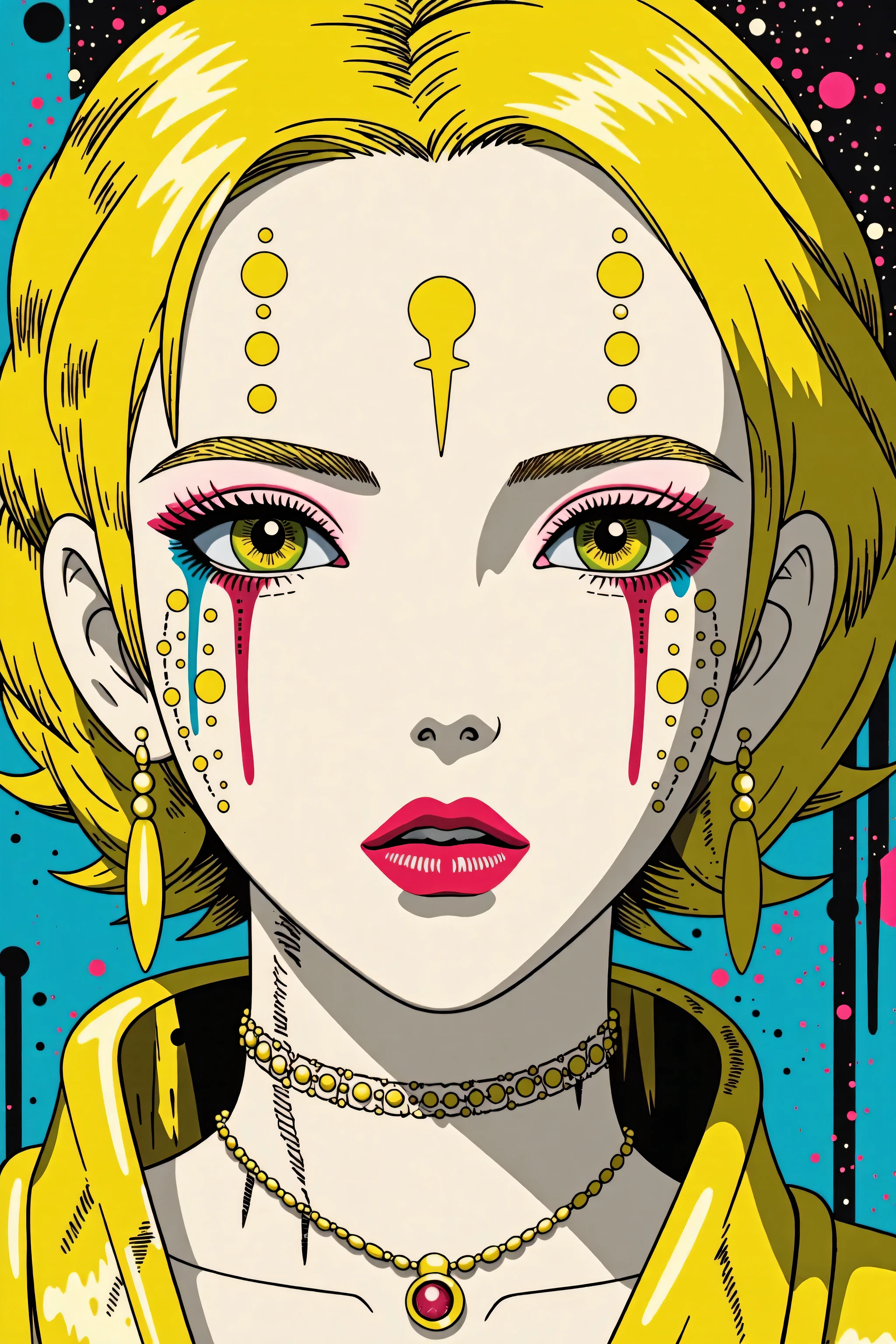 ((best quality)), ((masterpiece)), (detailed), perfect face of cyberpunk mecha japanese girl, neon yellow eyes, neon yellow body, neon yellow hair, ((monochromatic neon yellow color palette)), surreal, art nouveau, in the illustrative style of moebius, spaceships, aliens, fantasy, sci-fi, graphic novel, line drawing, french retro, bizarre, gallery worthy, work of uncanny art,