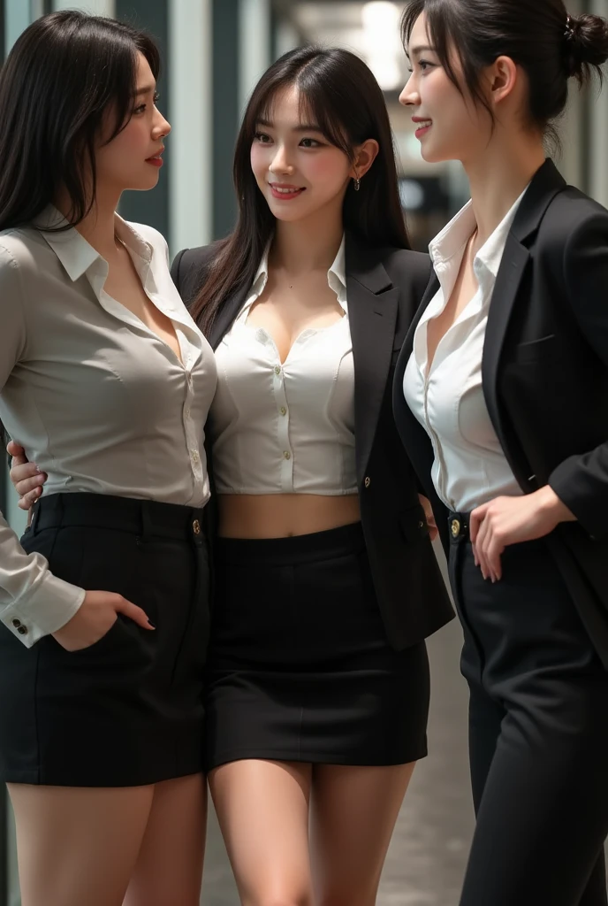 A close-up photo of Three Japanese office girls, (((In the middle of taking off clothes))), ((In the dressing room)), (office suits), Hair tied up, Bangs down, (All embarrassed and shy), (All smiling), ((All shiny skin)), ((All sweating))