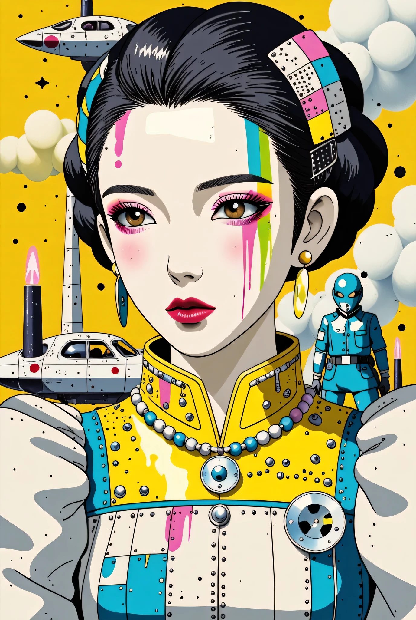 ((best quality)), ((masterpiece)), (detailed), perfect face of cyberpunk mecha japanese girl, neon yellow eyes, neon yellow body, neon yellow hair, ((monochromatic neon yellow color palette)), surreal, art nouveau, in the illustrative style of moebius, spaceships, aliens, fantasy, sci-fi, graphic novel, line drawing, french retro, bizarre, gallery worthy, work of uncanny art,