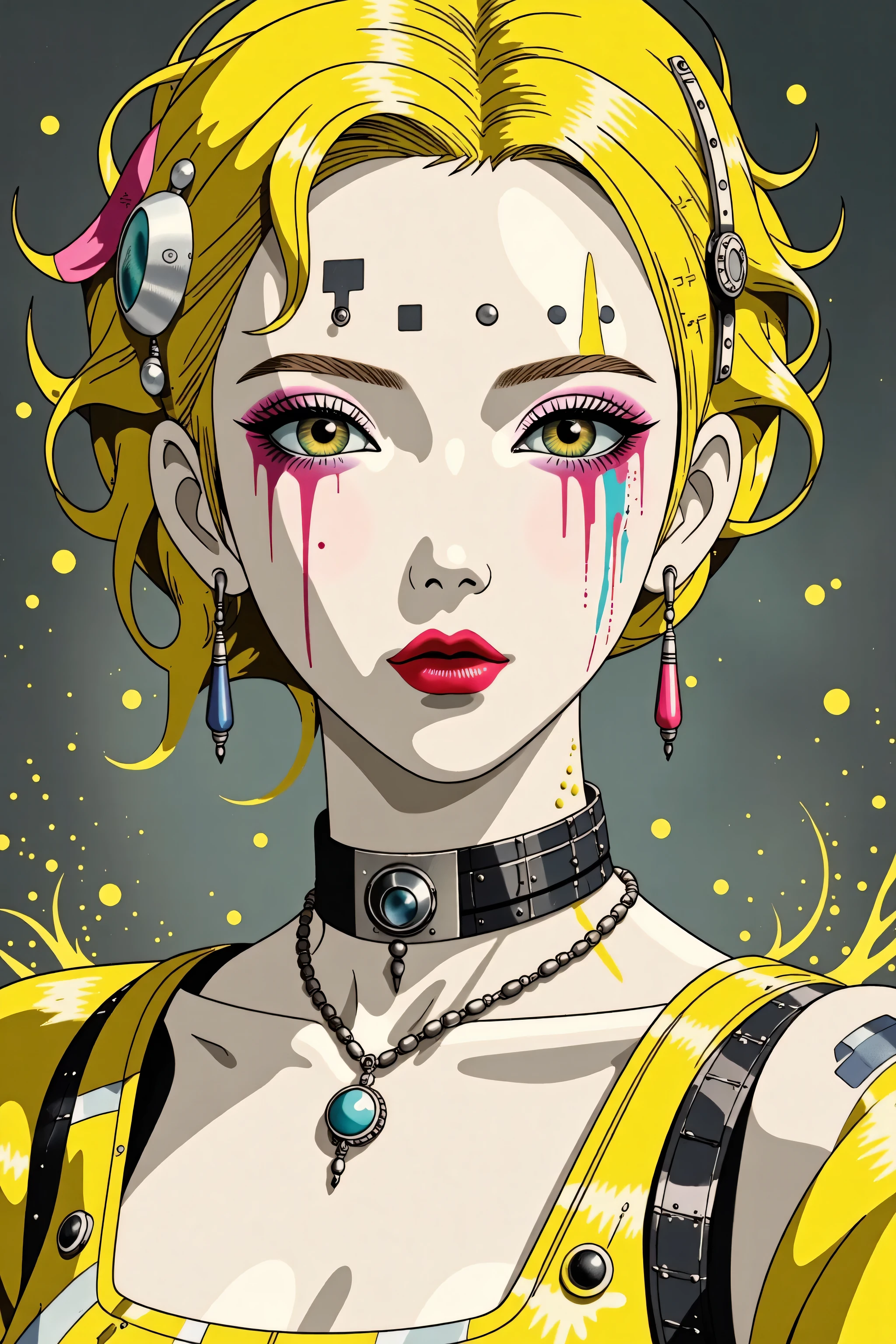 ((best quality)), ((masterpiece)), (detailed), perfect face of cyberpunk mecha japanese girl, neon yellow eyes, neon yellow body, neon yellow hair, ((monochromatic neon yellow color palette)), surreal, art nouveau, in the illustrative style of moebius, spaceships, aliens, fantasy, sci-fi, graphic novel, line drawing, french retro, bizarre, gallery worthy, work of uncanny art,