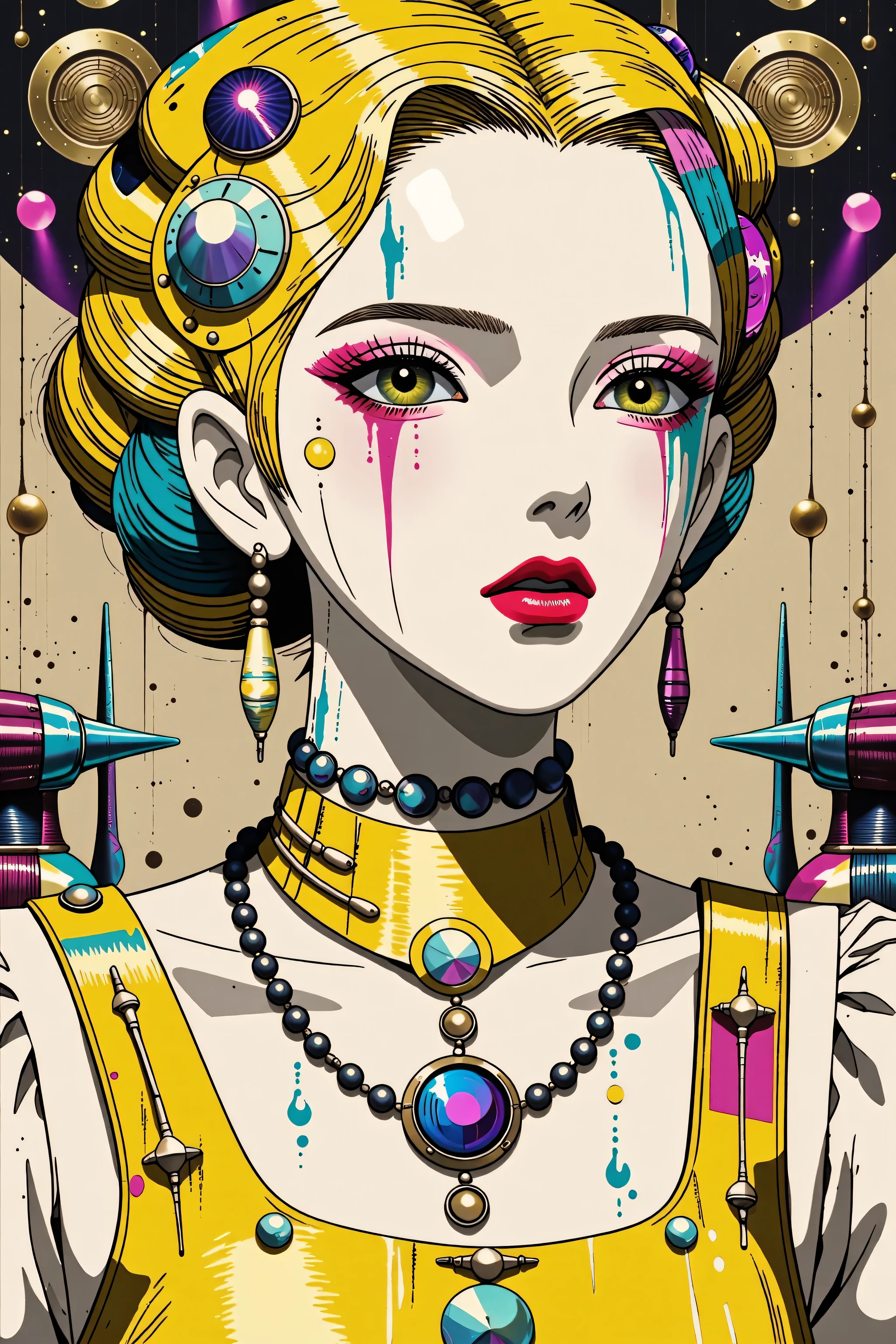 ((best quality)), ((masterpiece)), (detailed), perfect face of cyberpunk mecha japanese girl, neon yellow eyes, neon yellow body, neon yellow hair, ((monochromatic neon yellow color palette)), surreal, art nouveau, in the illustrative style of moebius, spaceships, aliens, fantasy, sci-fi, graphic novel, line drawing, french retro, bizarre, gallery worthy, work of uncanny art,