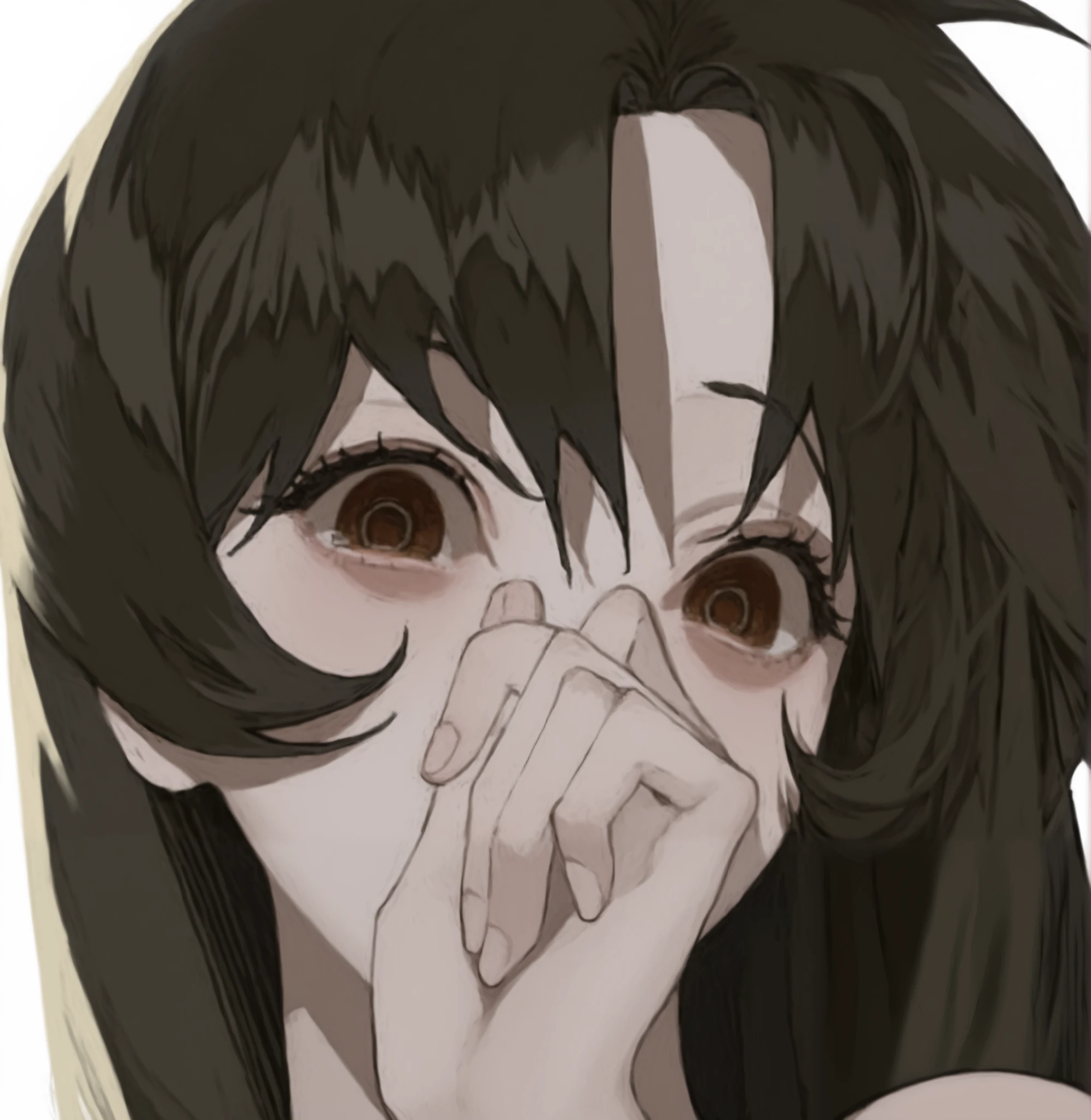 anime girl with long dark brown hair covering her face with her hand, akane owari danganronpa, gapmoe yandere, chiaki nanami from danganronpa, ahegao face, detailed anime face, huge anime eyes, tired and haunted expression, yandere, ahegao, made with anime painter studio, painted in anime painter studio ellie (last of us), portrait of max caulfield, supermodel in silent hill, a close up of a doll, semirealistic , anime realism, she has dark brown hair with bangs, rings asuka iwakura station game, only a few bangs of hair, inspired by Ayami Kojima, yayoi kasuma, with a stoic expression, pale amber eyes, wavy hair, (pale skin, huge tits), ((komi shouko))