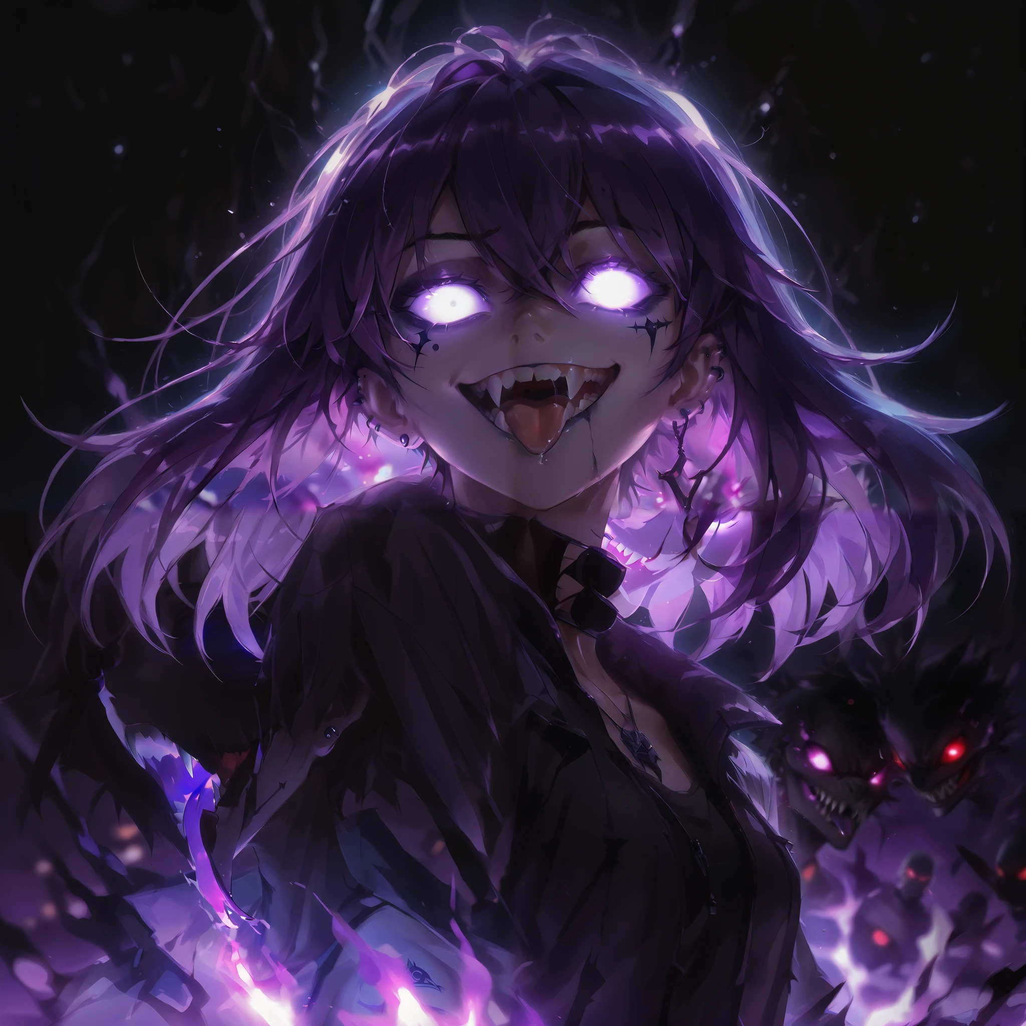 ( soldier), ( masterpiece), ( best quality), ( depth of field ), (sharp focus), ( cinematic lighting), ( tattoos), 1 , crazy smile, dams, with her tongue sticking out , glowing eyes , short hair, Gothic style, short hair, dark makeup , black tattoos, piercings de prata, psychotic, psycho, A dark lighted anime female with purple glowing eyes, deep eyes, neon purple hair and a lot of purple energy, psycho smile, (purple flames in the background)), sharp teeth, battle pose, (purple gradient background:1.4))), energy, Energetic, phonk, Brazilian phonk, Simple Design, Simplified --s 100 --niji 5 --ar 1:1
