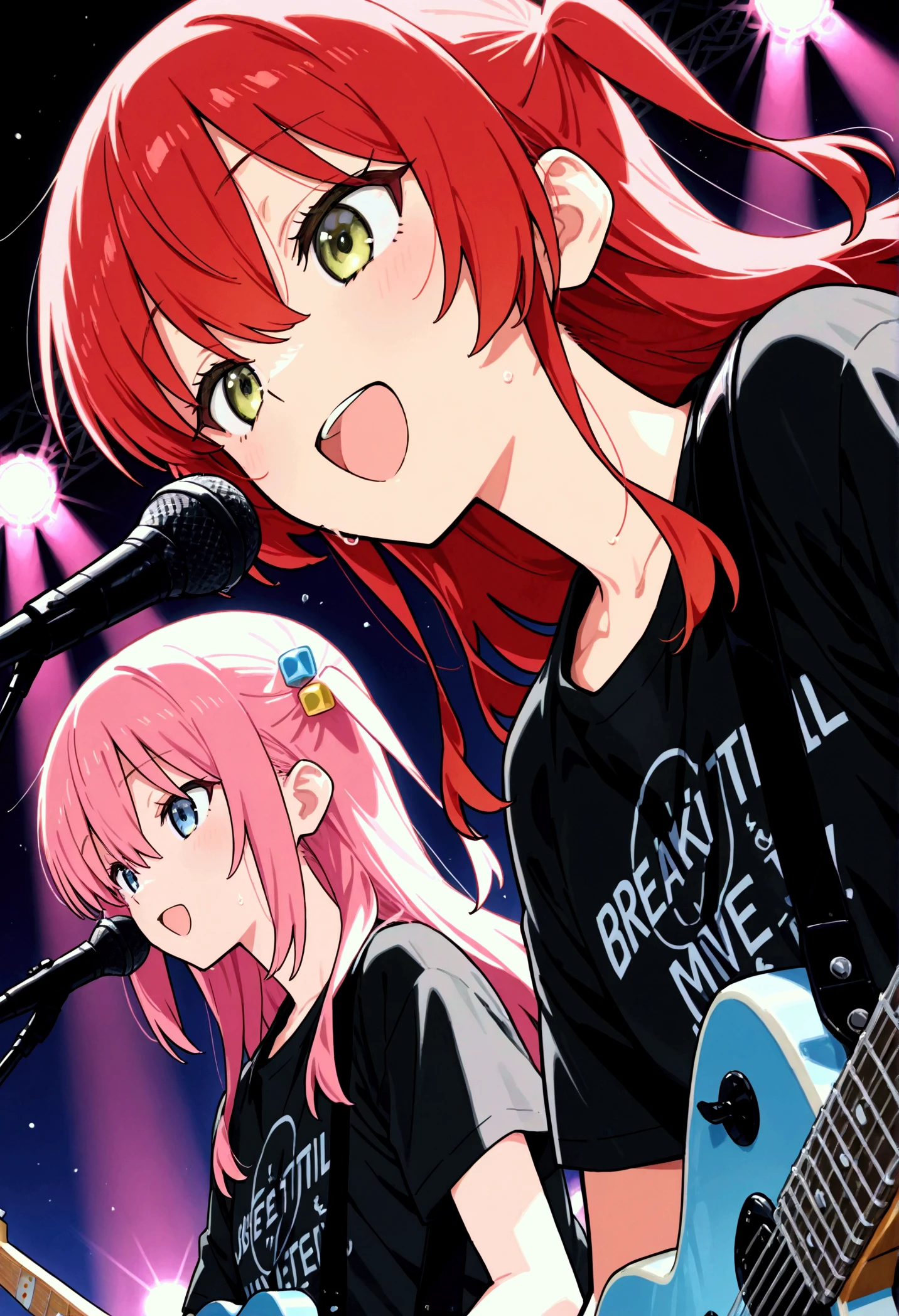 hitori gotou, blue eyes, cube hair ornament, hair between eyes, hair ornament, pretty illustration with pink hair , One side up, long hair,Break Kita Ikuyo , BREAK Two Girls、guitar、 on my face、 black t-shirt、 singing