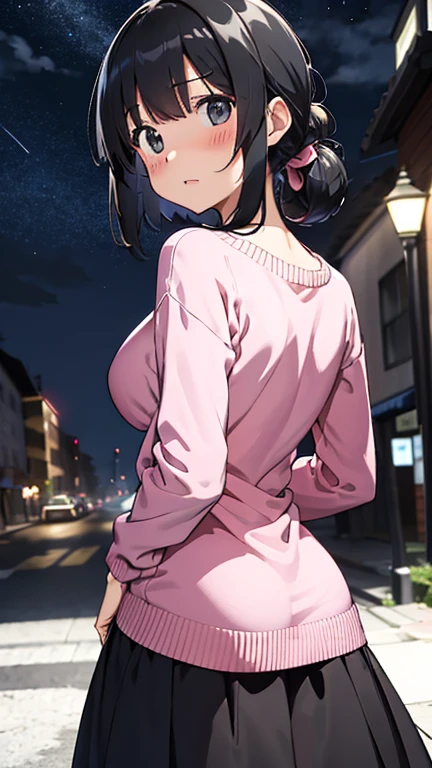 best quality, (black hair), 1girl, smile, outdoors, from behind, dark, sky, (sidelocks), city, looking at viewer, Red off-shoulder ribbed knit, corneo_yor_forger, pantyhose