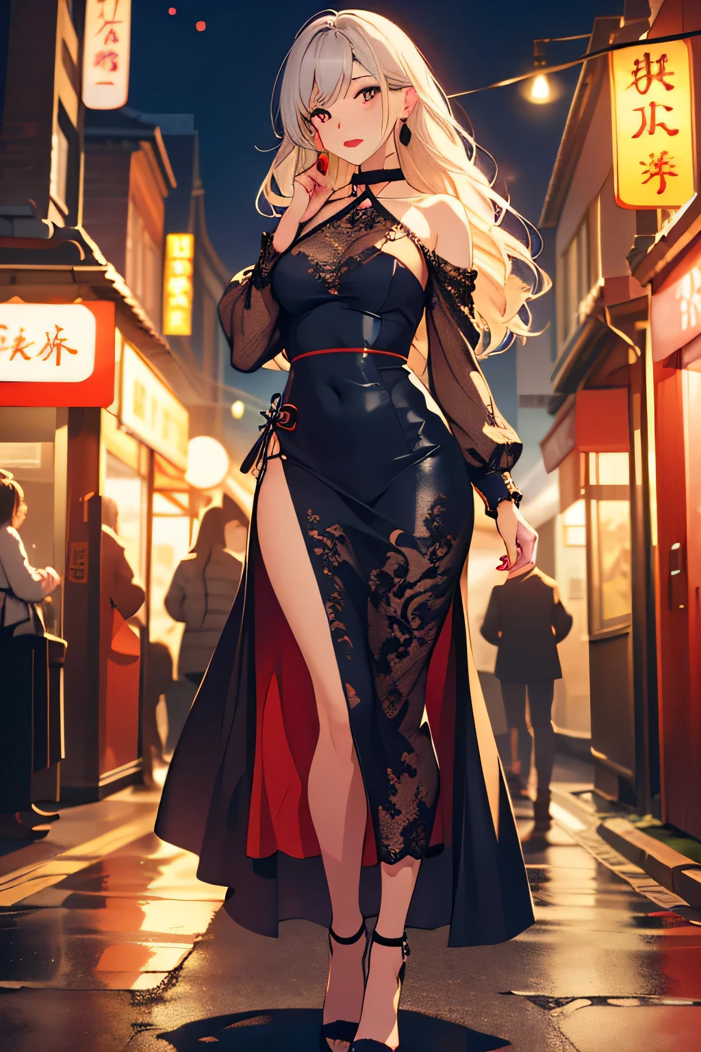 masterpiece, best quality, highly detailed background, perfect lighting, best quality, (extremely detailed face), volumetric lighting, intricate details, shadow, tonemapping, sharp focus, hyper detailed, trending on Artstation, (solo) ((Looking at the viewer)), ((city night background)) .Girl with medium blond hair. Blue eyes. curvy. Blush, Clear skin. Big bust. ((black, Goth, casual, clothes)) ((Gothic dressed)). Gothic shoes. ((Gothic makeup))
