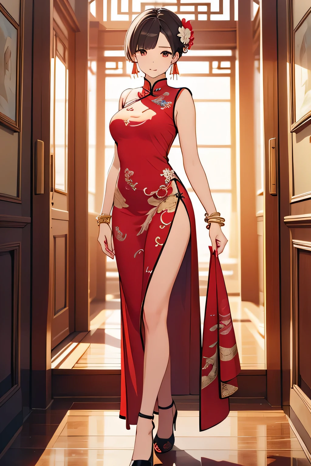 (masterpiece:1.2, highest quality), (Realistic, photoRealistic:1.4), Beautiful illustrations, (Natural Side Lighting, Cinema Lighting), Written boundary depth,
Looking at the audience,Front view, 1 female, Mature Woman, 50 years old, Casual wear、aunt、Perfect Face, Symmetrical face, Shiny skin,
Random Hairstyles、Big eyes, Droopy eyes, long eyelashes chest), thin, Beautiful thighs、expensive、Beautiful Hair, Beautiful Face, Beautiful and beautiful eyes, Beautiful clavicle, Beautiful body, Beautiful breasts, Beautiful thighs, Beautiful legs, Beautiful fingers,
((High-quality fabric)), smile、Tilt'head、
(Beautiful views),(Bedroom Background), Are standing, (smile), (((A revealing Chinese dress)))