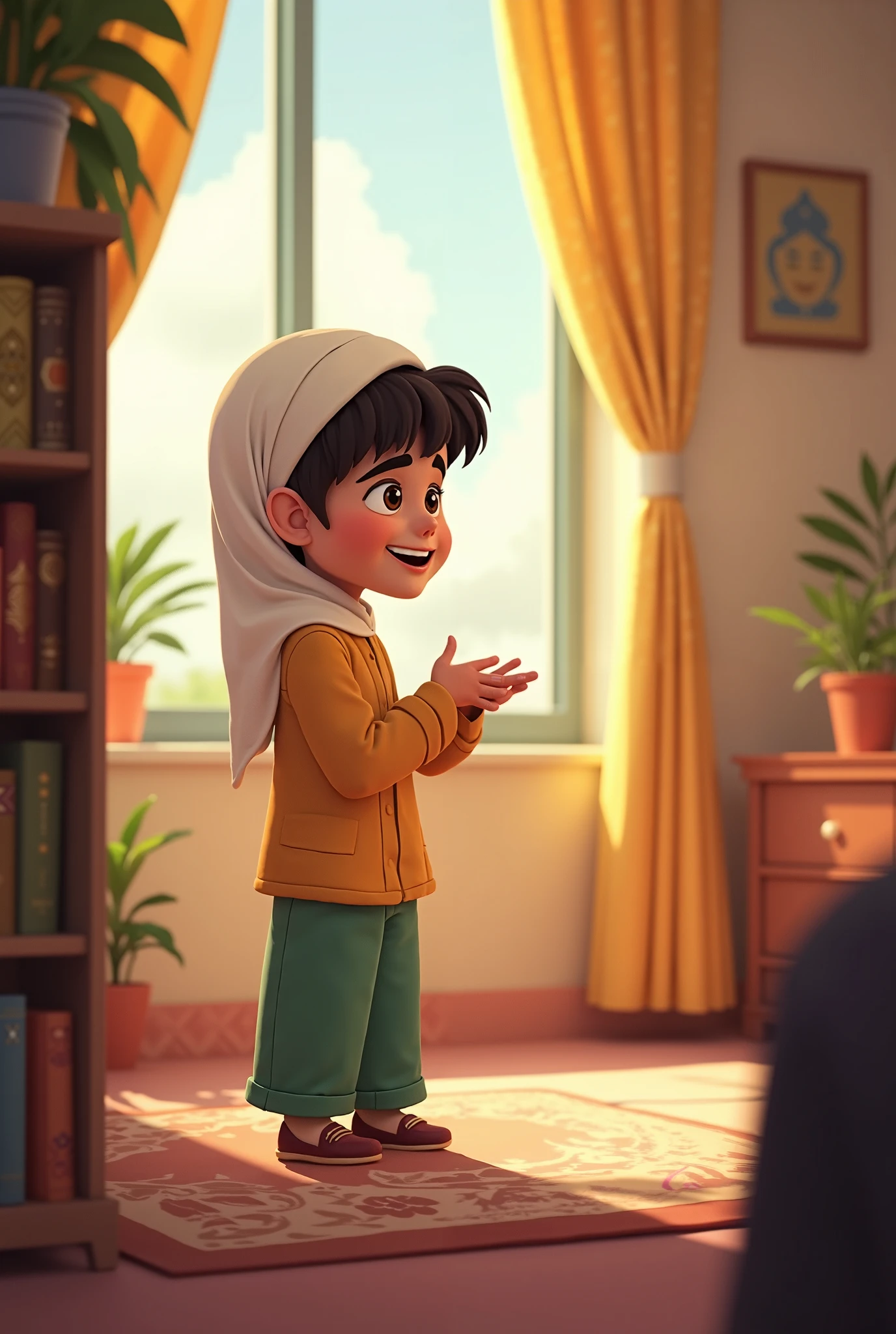 In a beautiful village, a wonderful and beautiful Islamic child stands with his pencil and pens