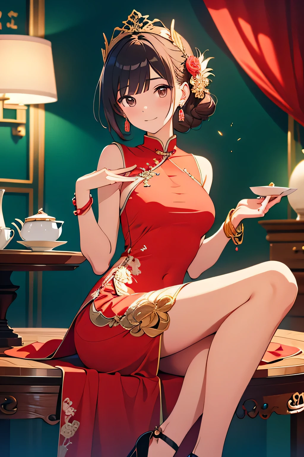 Masterpiece, Supreme Quality, High Resolution, Super Details, on l G hair, twin tails, on hair ribb, on yellow ribb, , naked shoulder, cheongsam, China Clothes, short dresses, cleavage cutouts, side bust, thighs, hands _ top _ hips, wrinkles _ forehead, indoor,